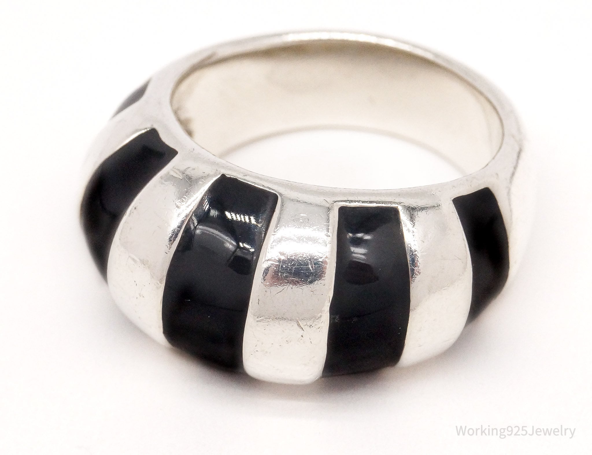 Vintage ESPO Black Enamel Stripes Sterling Silver Ring - Size 5.75