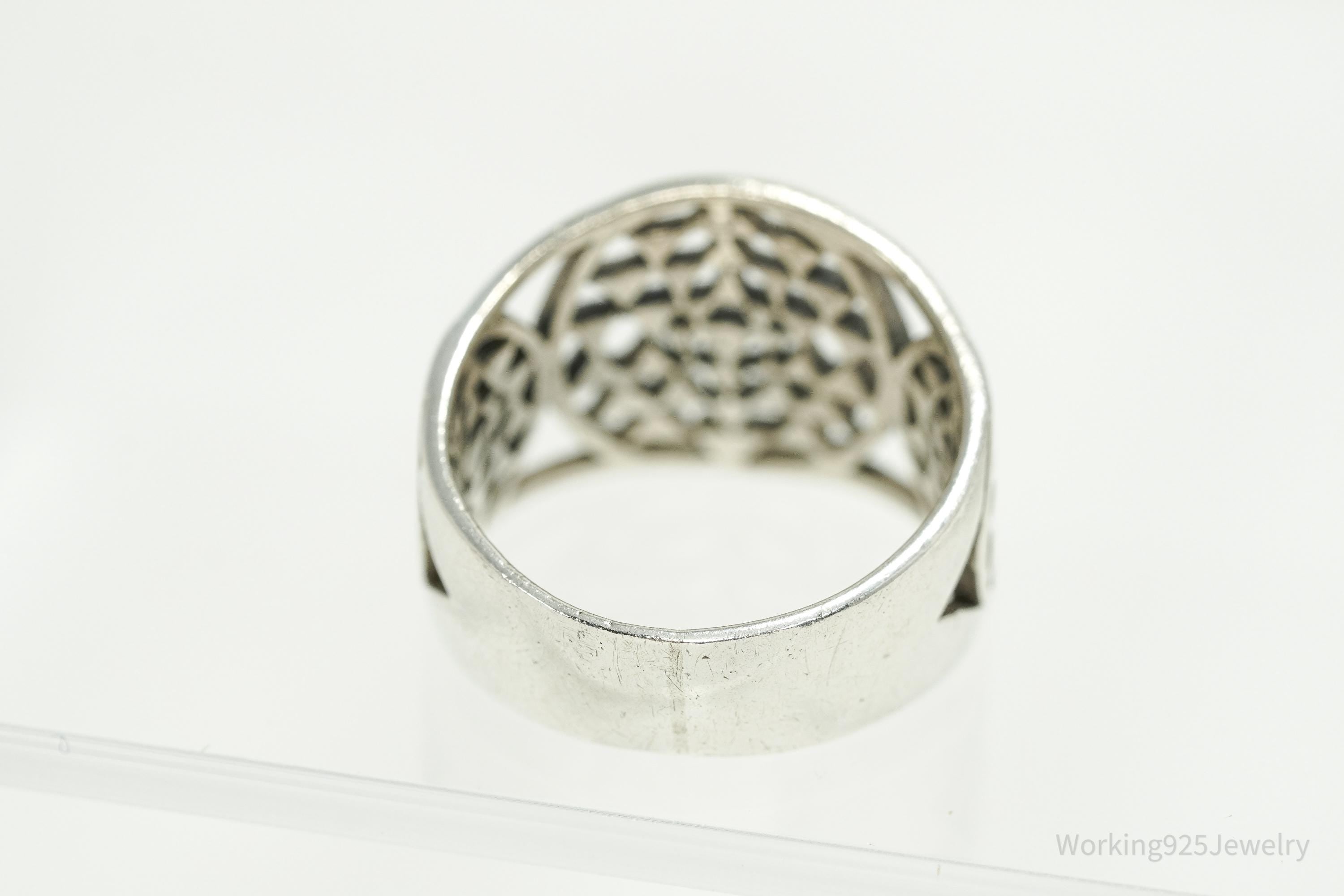 Vintage Sri Yantra Chakra Sterling Silver Wide Band Ring - Size 9.75