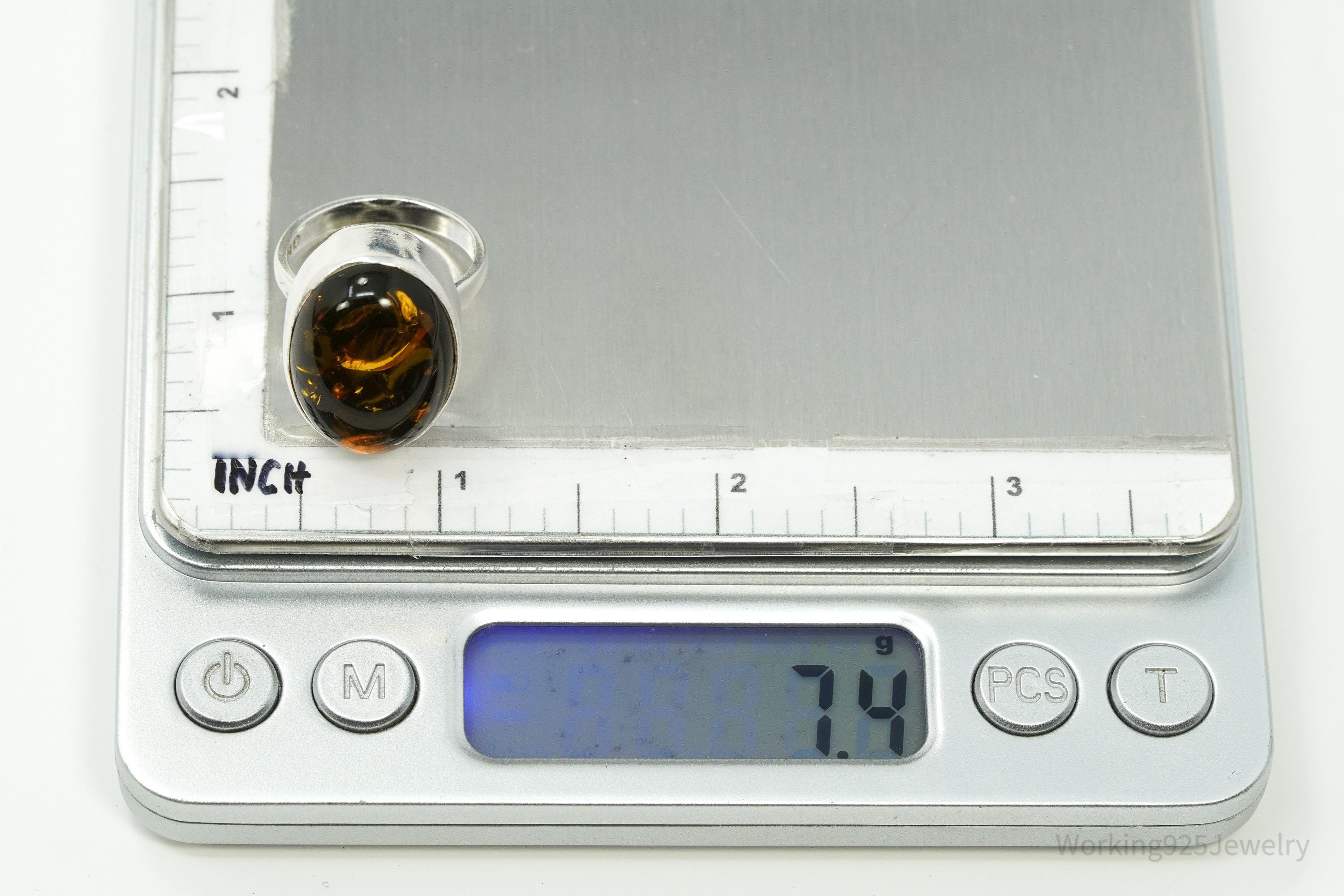 Vintage Polish Large Amber Sterling Silver Ring - Size 7