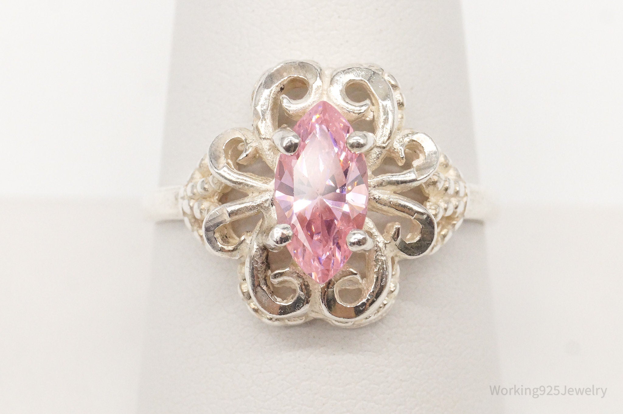 Vintage Pink Cubic Zirconia Sterling Silver Ring - Size 9.25