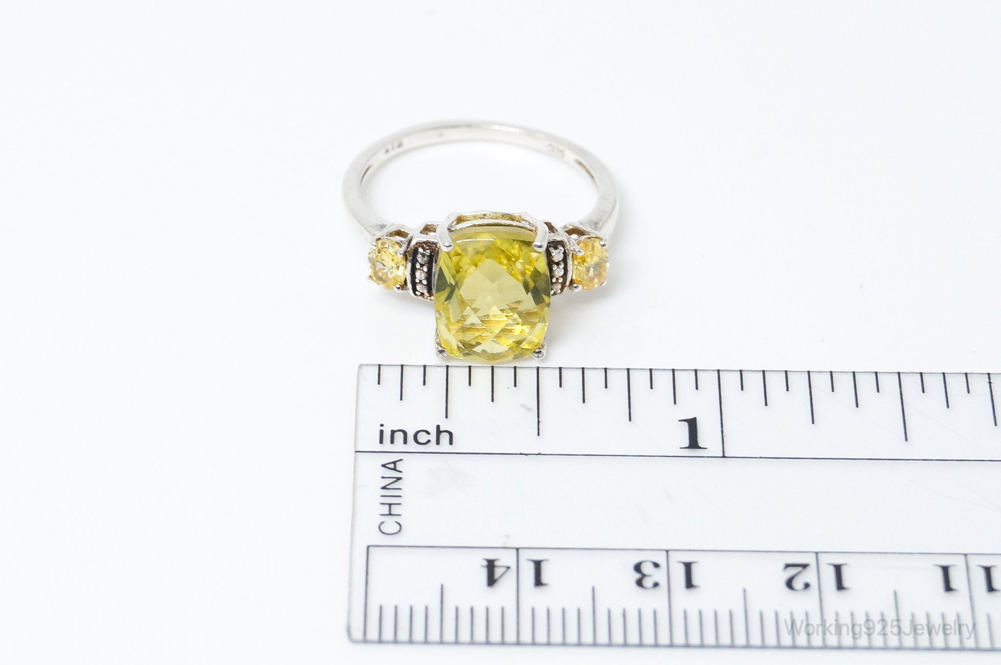 Vintage Lemon Quartz Yellow Cubic Zirconia Sterling Silver Ring - Size 7