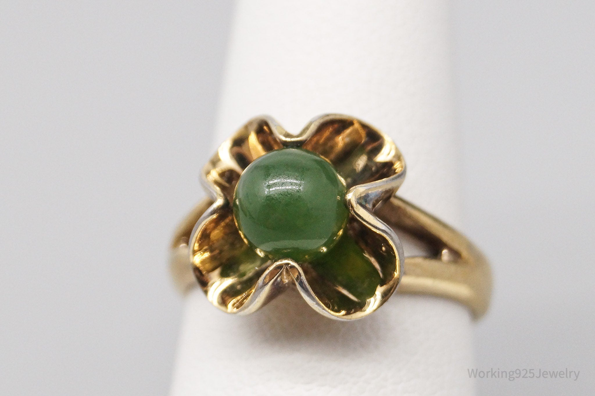 Vintage MCM Nephrite Jade Gold Vermeil Sterling Silver Ring - Size 6.5