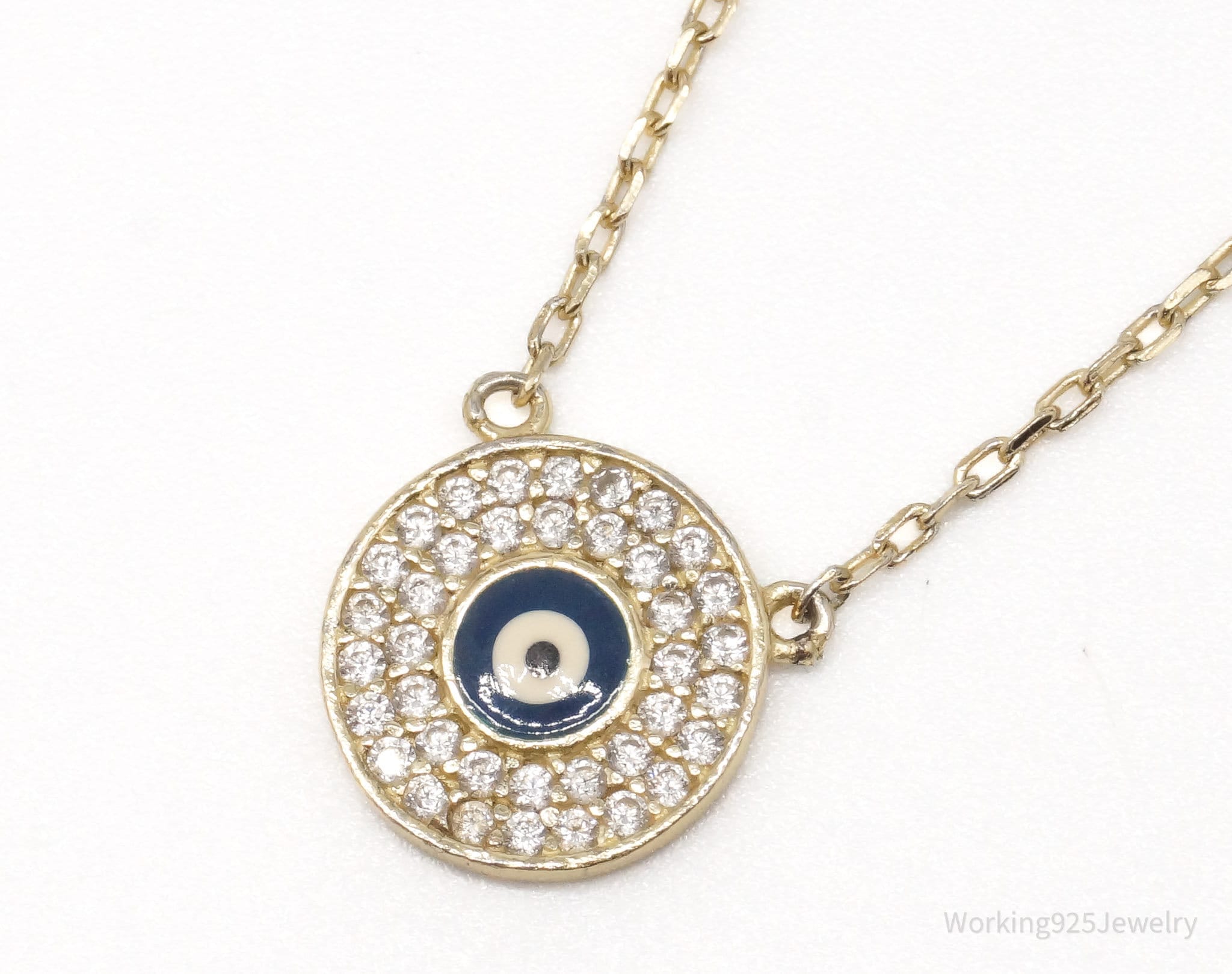 Vintage Evil Eye Cubic Zirconia Gold Vermeil Sterling Silver Necklace 18"