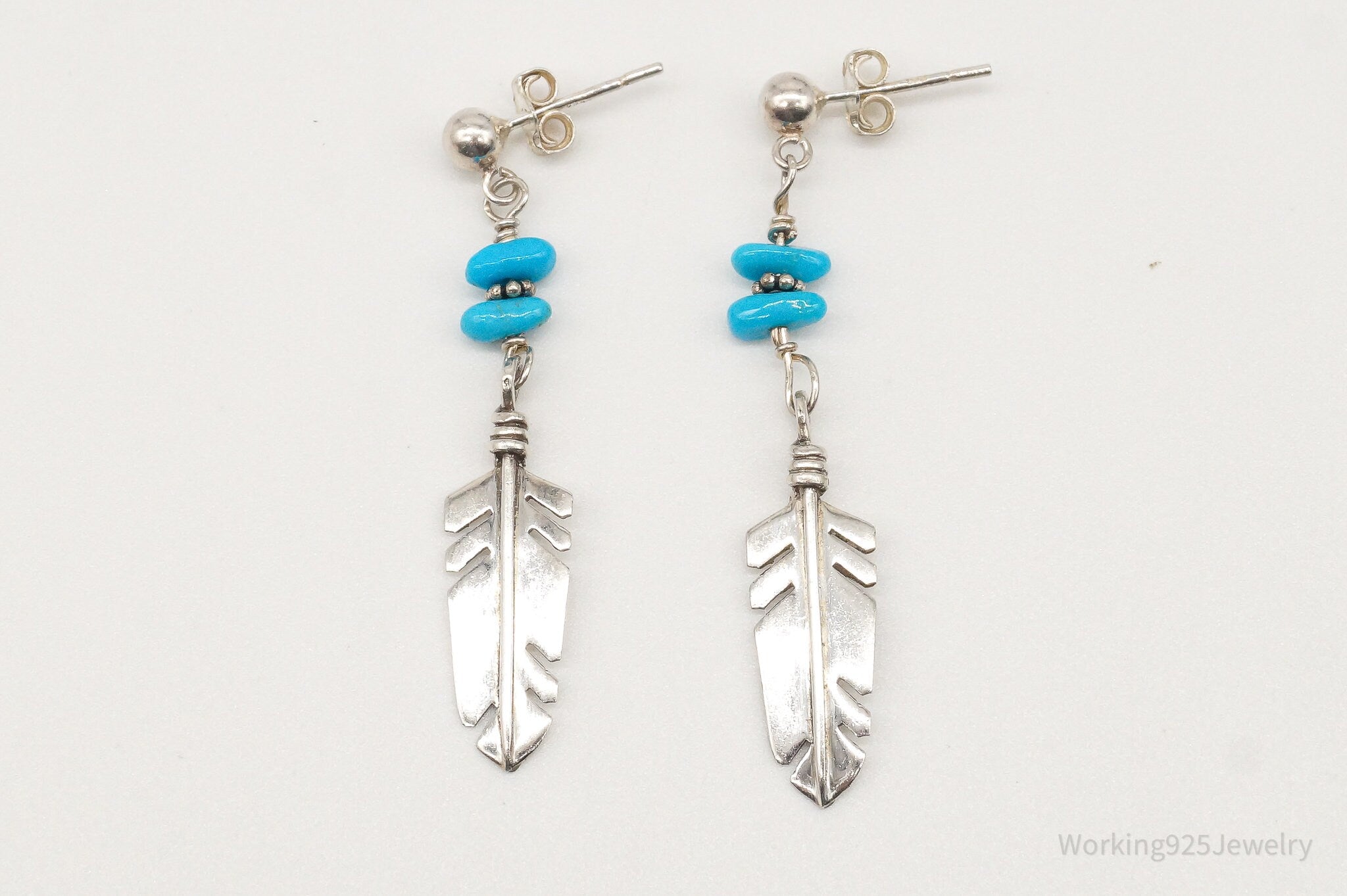 Vintage Native American Turquoise Feather Sterling Silver Earrings