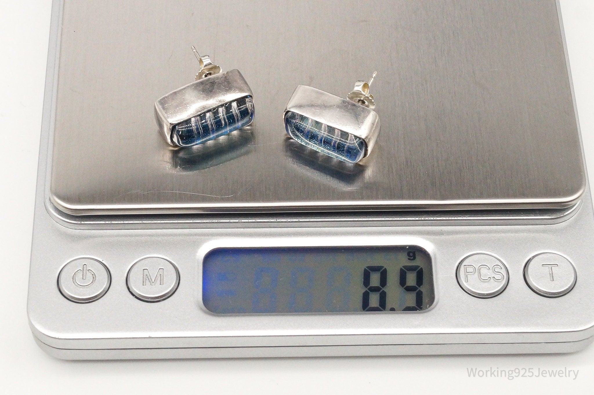 Vintage Modernist Blue Dichroic Glass Sterling Silver Earrings