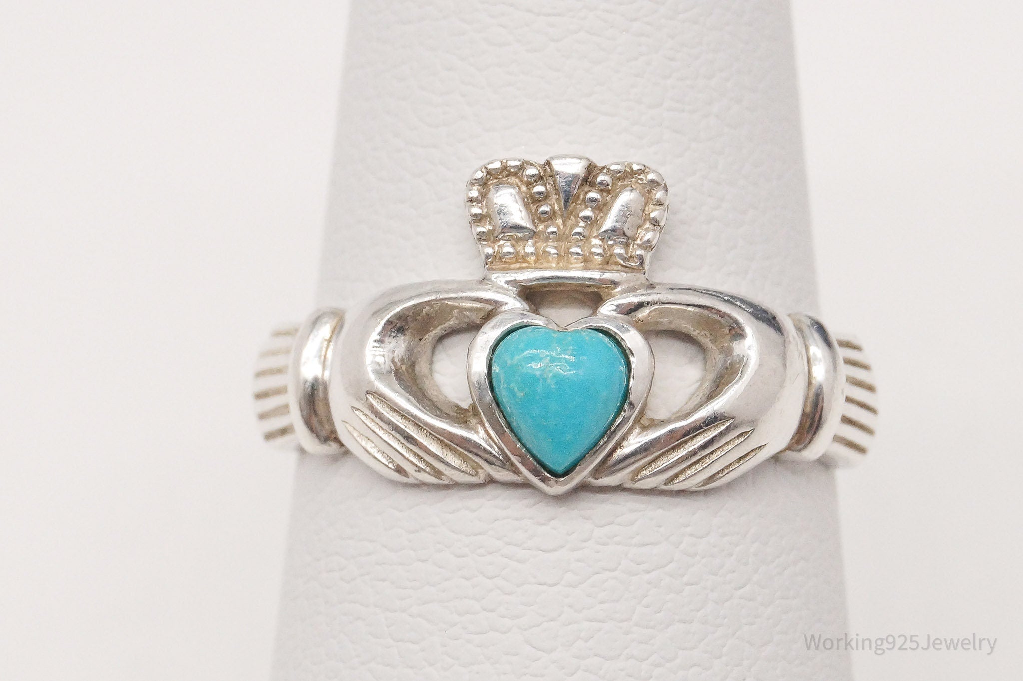 Vintage Ireland Claddagh Irish Blue Stone Heart Sterling Silver Ring Size 6