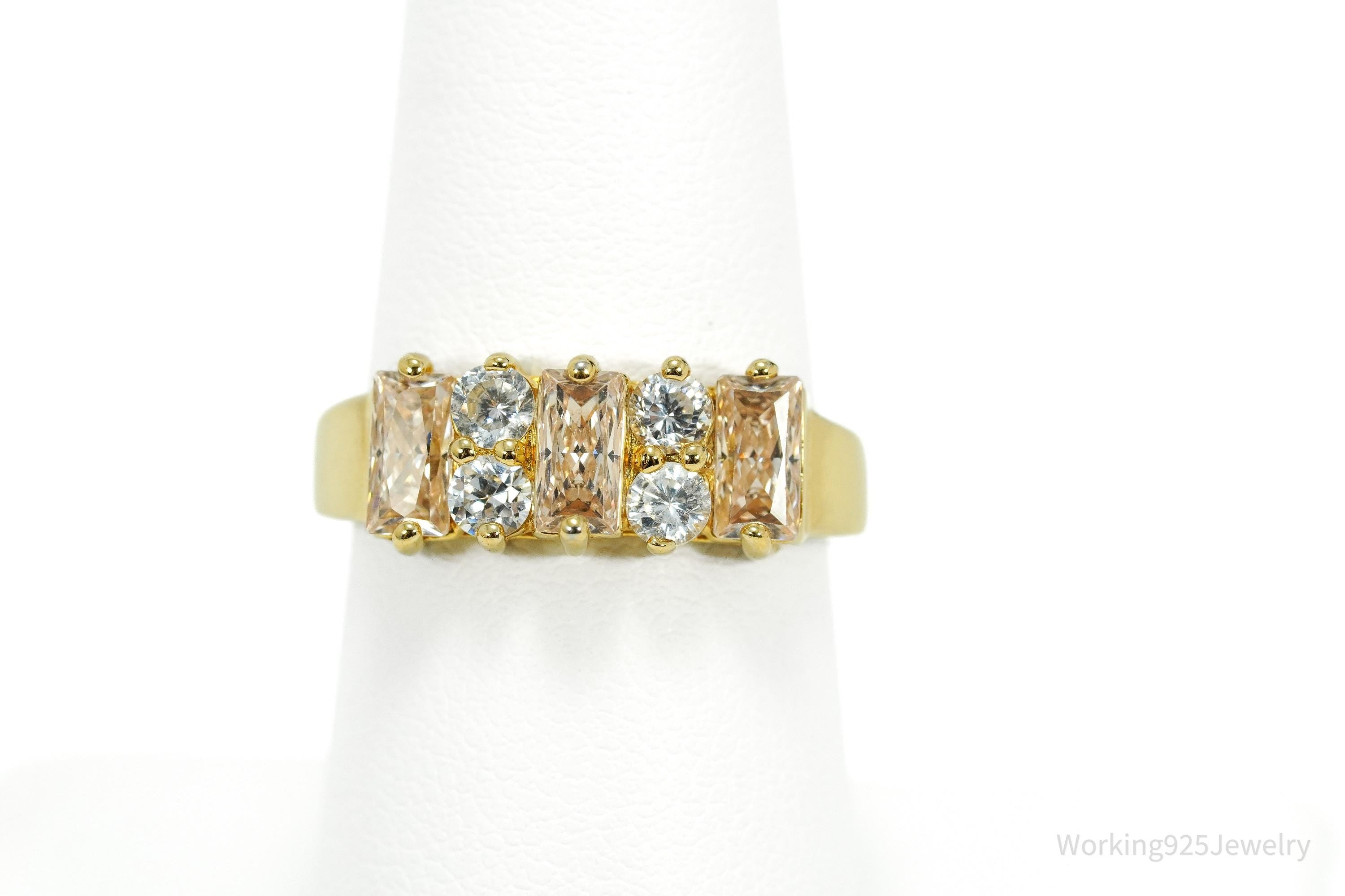 Vintage Champagne & White Cubic Zirconia Gold Over Sterling Silver Ring - Size 6