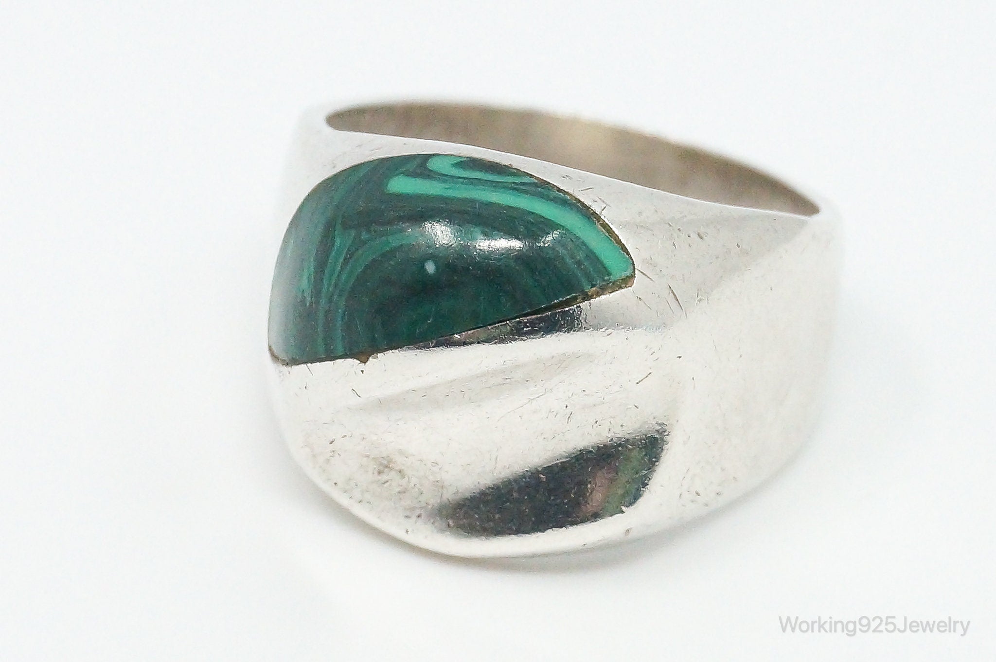 Vintage Mexico Malachite Modernist Sterling Silver Ring - Size 9