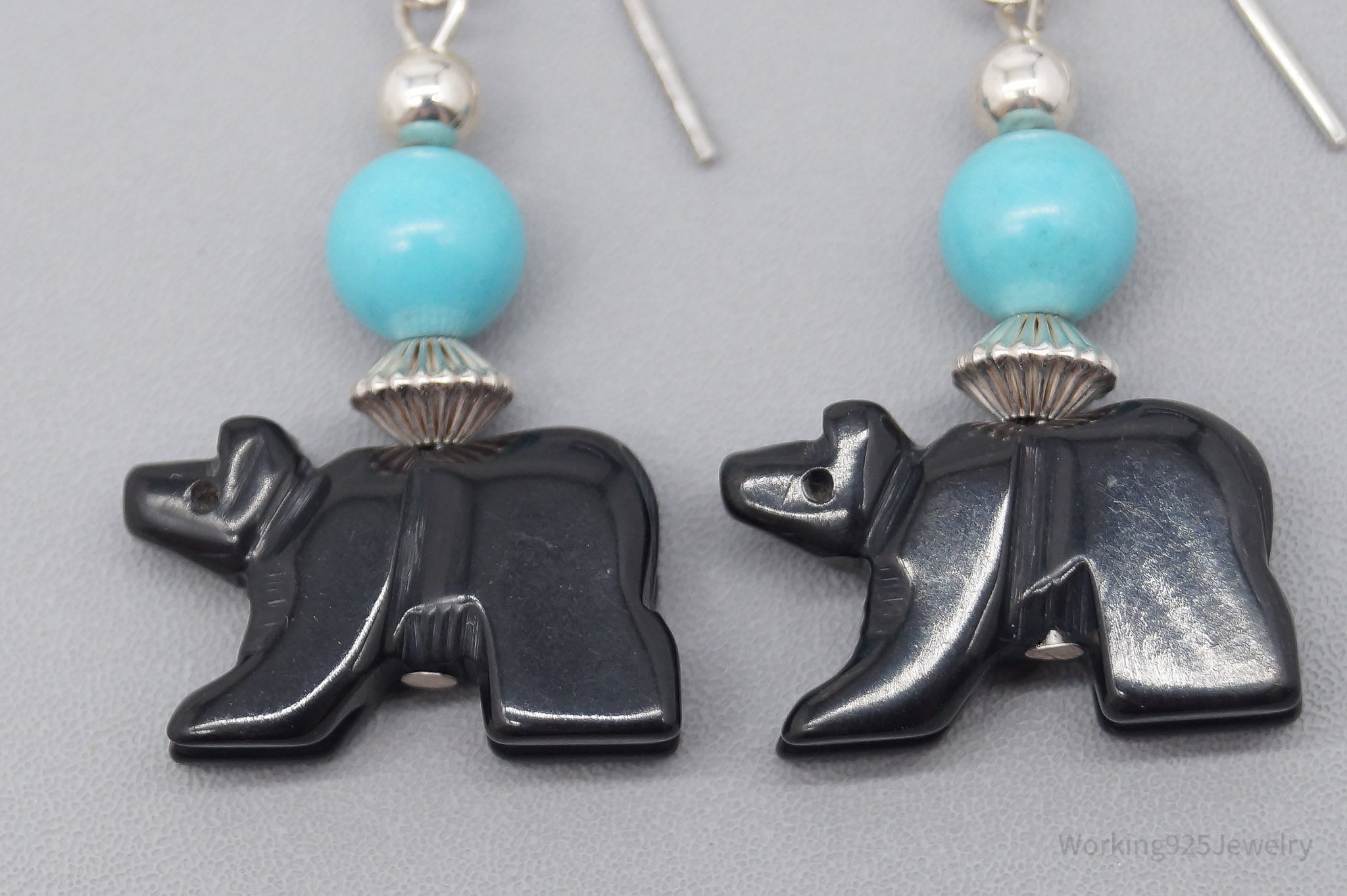 Vintage Turquoise & Carved Black Onyx Bears Sterling Silver Earrings