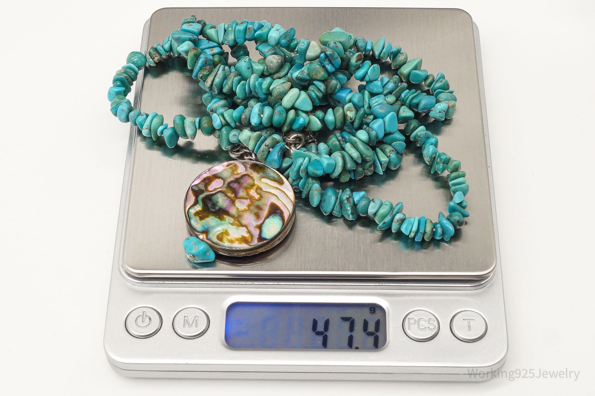 Vintage Native American Turquoise Abalone Shell Bead Sterling Silver Necklace