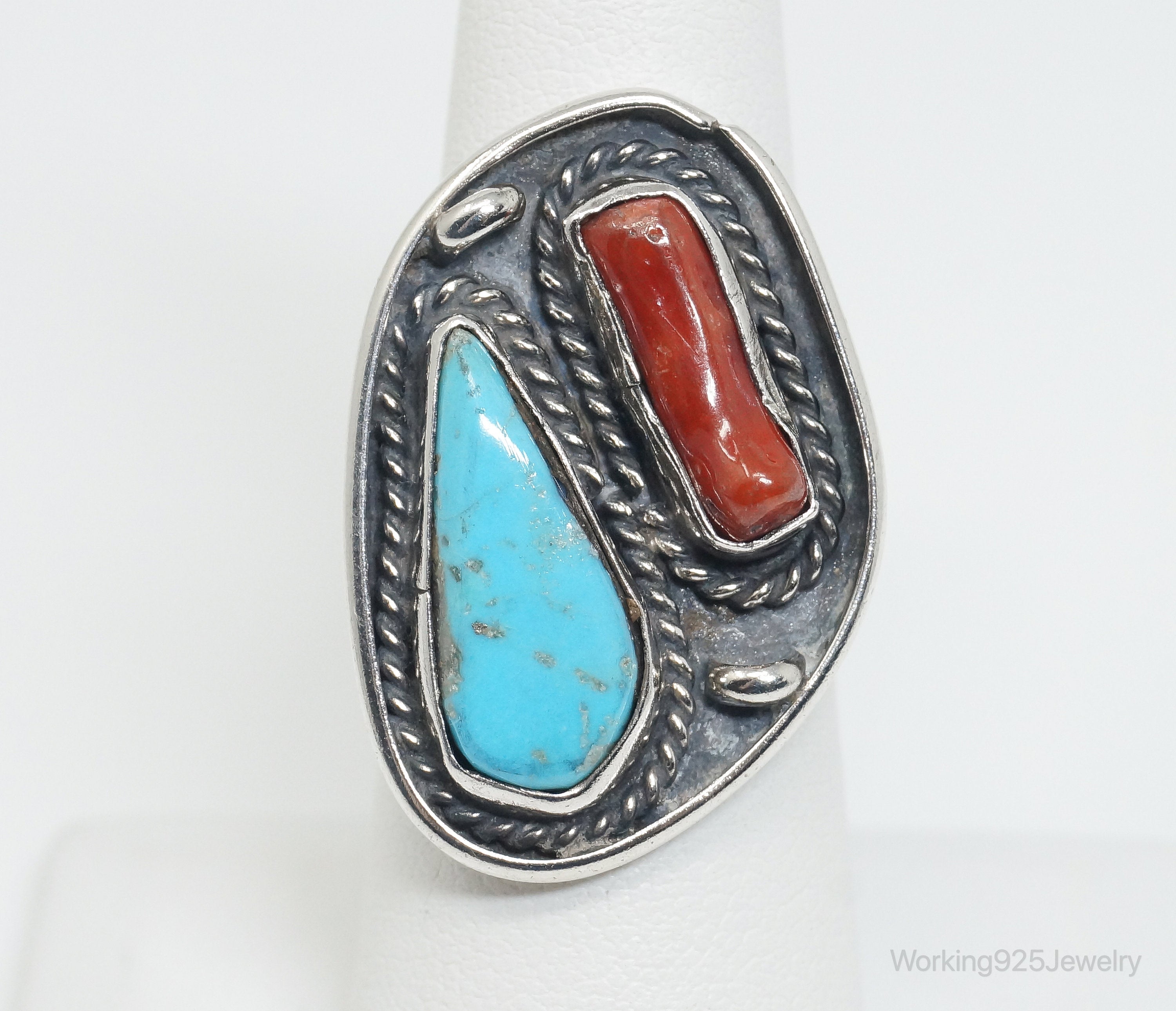 Vtg Native American VB Turquoise Coral Sterling Silver Ring - Sz 7.25