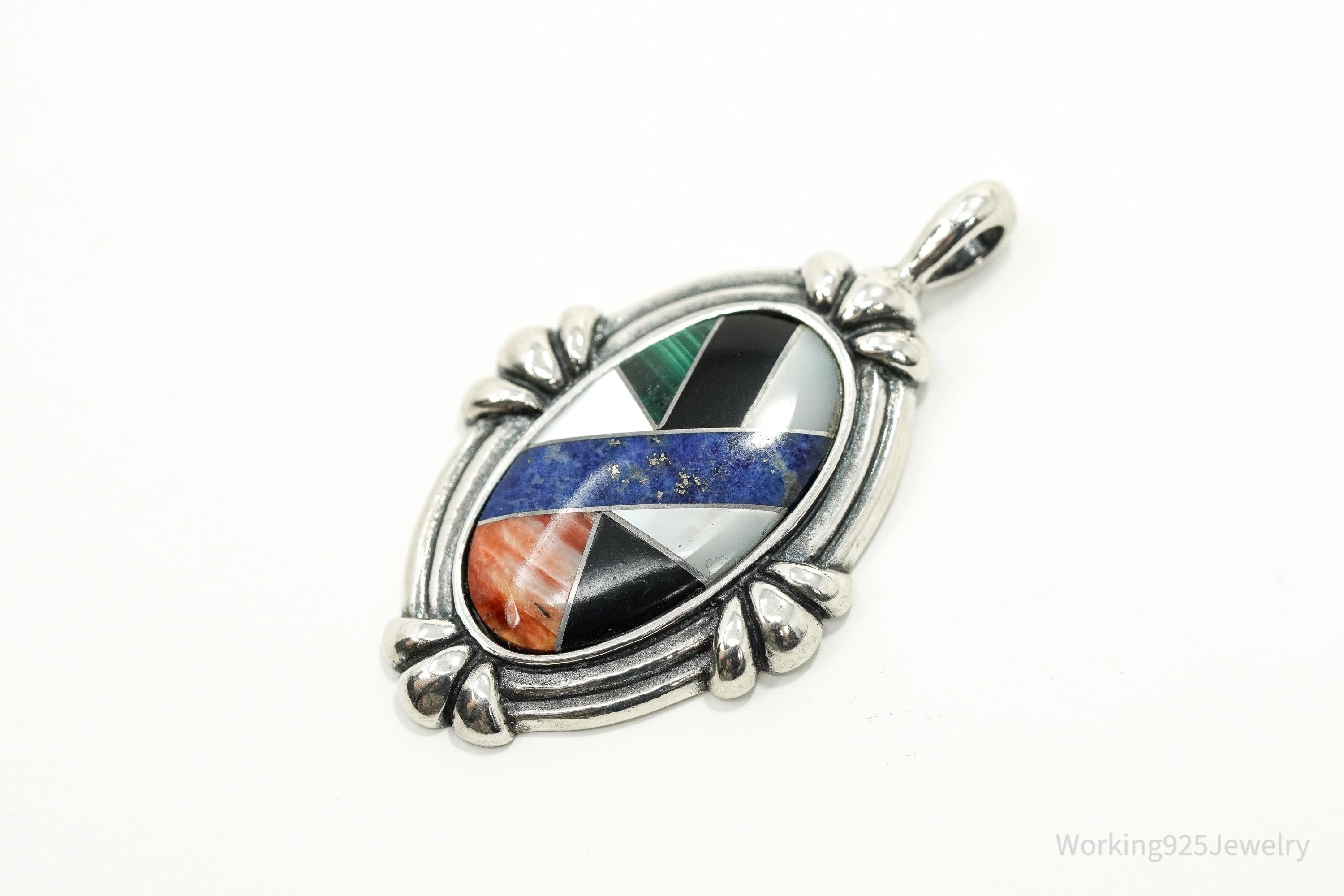 Vintage Designer Carolyn Pollack Multi Gemstone Inlay Sterling Silver Pendant