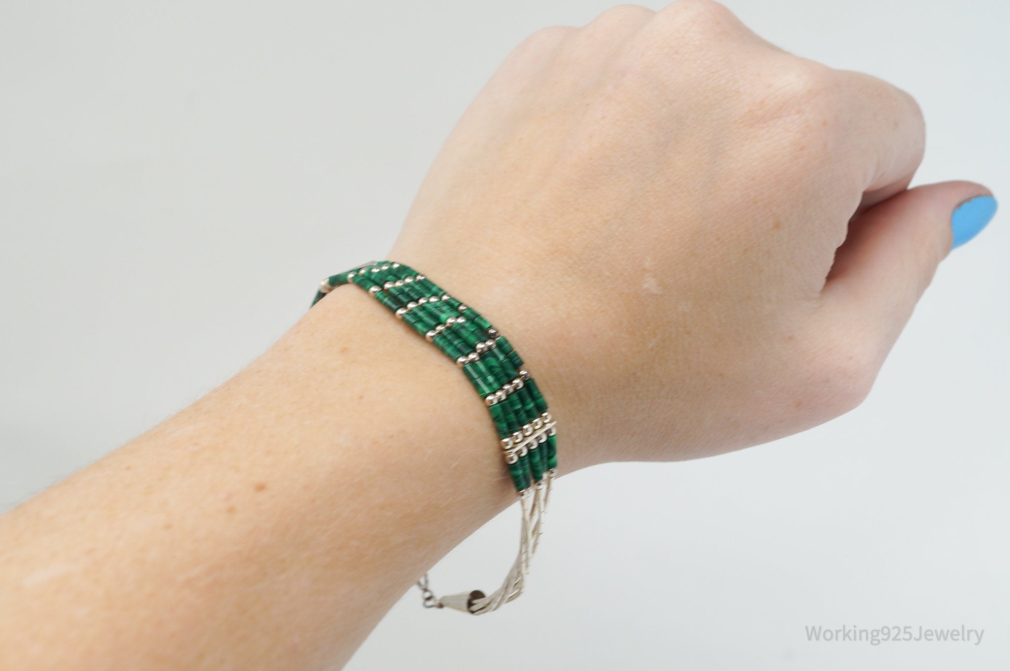 Vintage Native Handmade Green Malachite Woven Sterling Silver Bead Bracelet