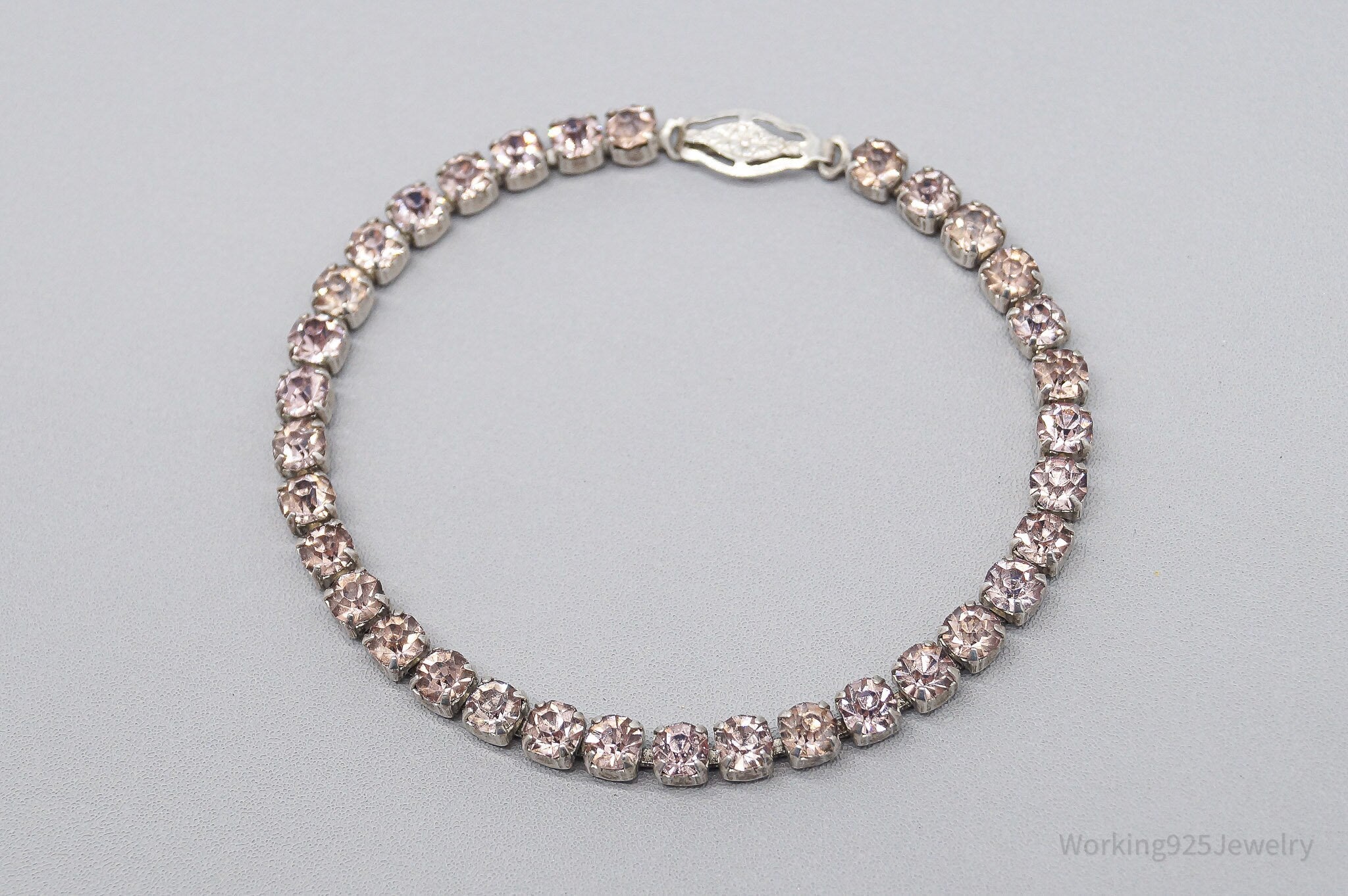 Antique Art Deco Pink Rhinestone Sterling Silver Bracelet - 6 7/8"