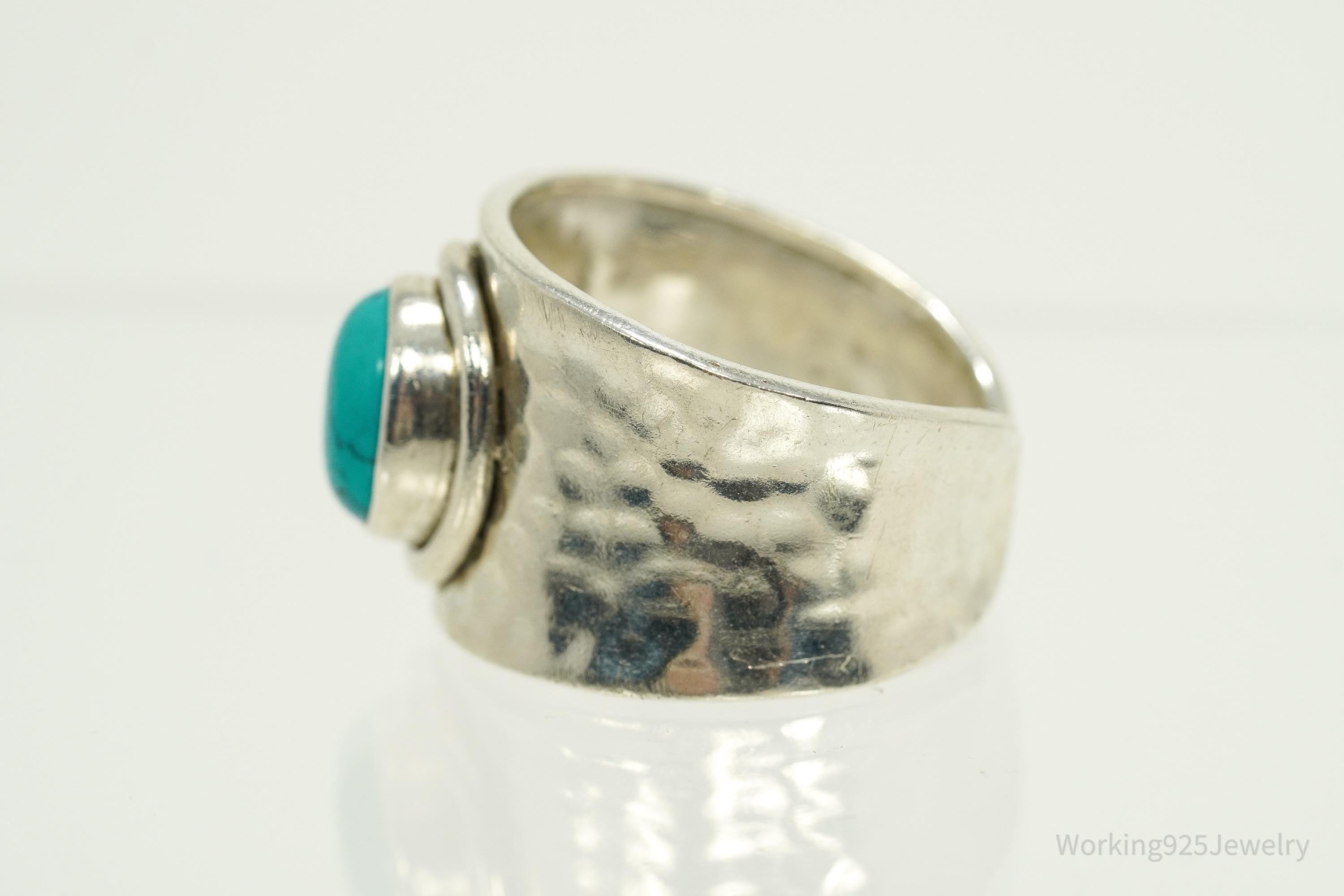 Vintage Turquoise Hammered Style Silver Ring - Size 12