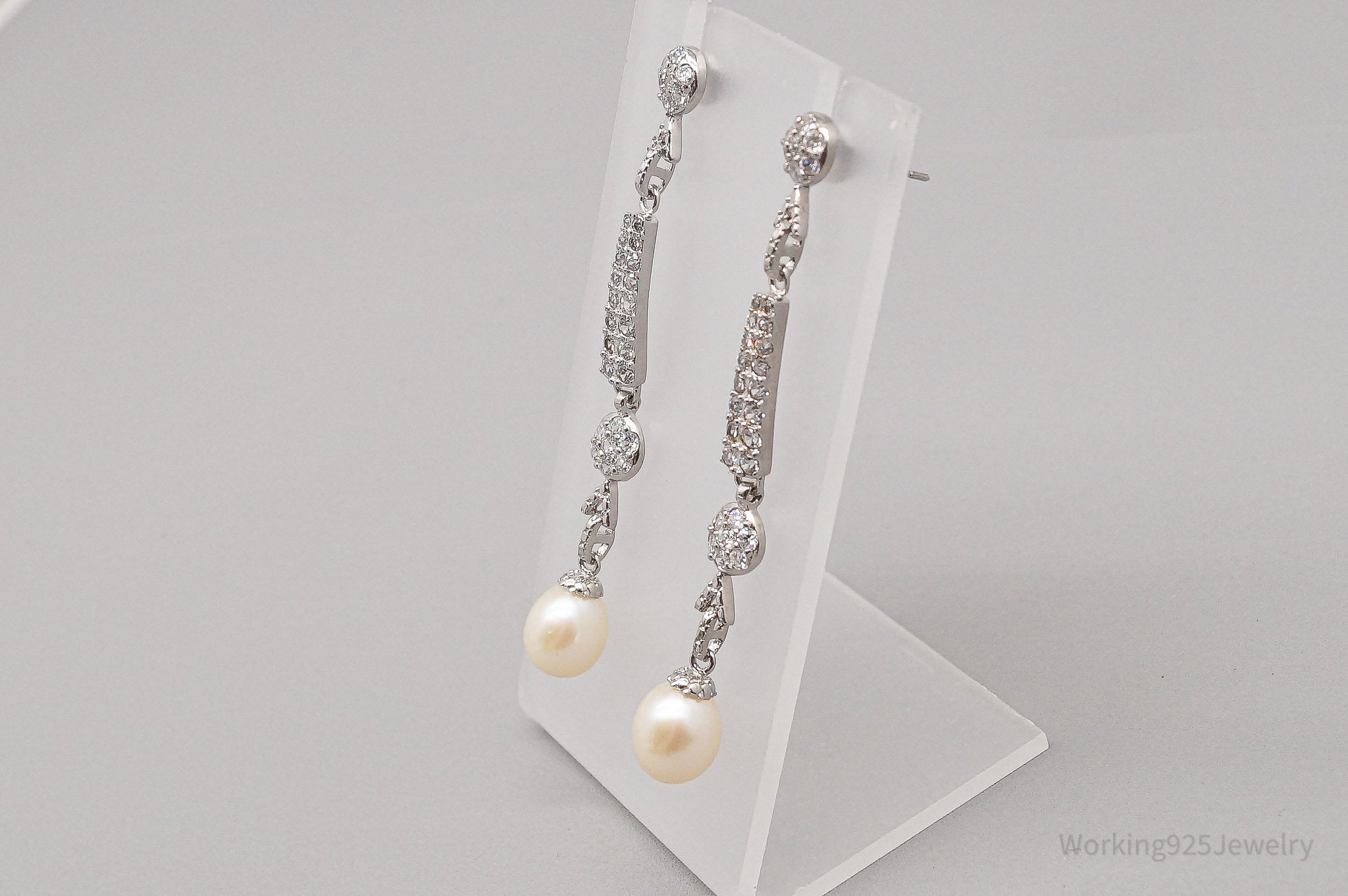 Vintage CGI Faux Pearl Cubic Zirconia Silver Tone Earrings