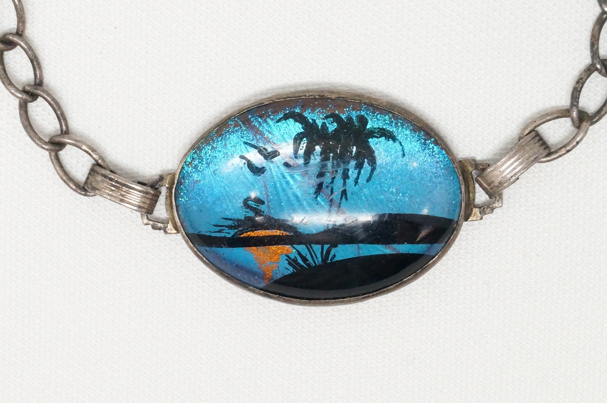 Antique Designer Hoffman Butterfly Wing Beach Scene Sterling Silver Bracelet