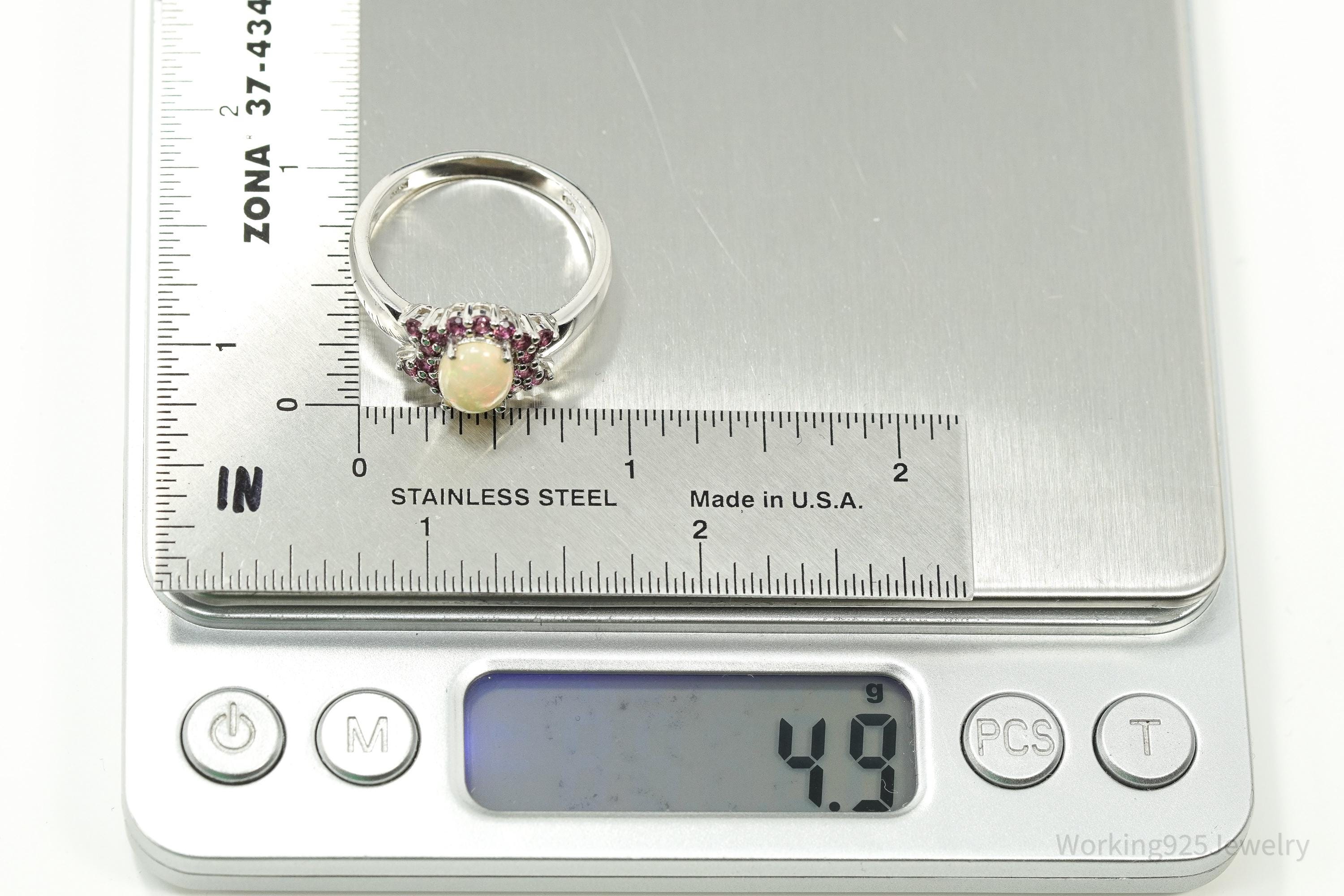 Vintage Opal & Purple Garnet Sterling Silver Cluster Ring – Size 11.5