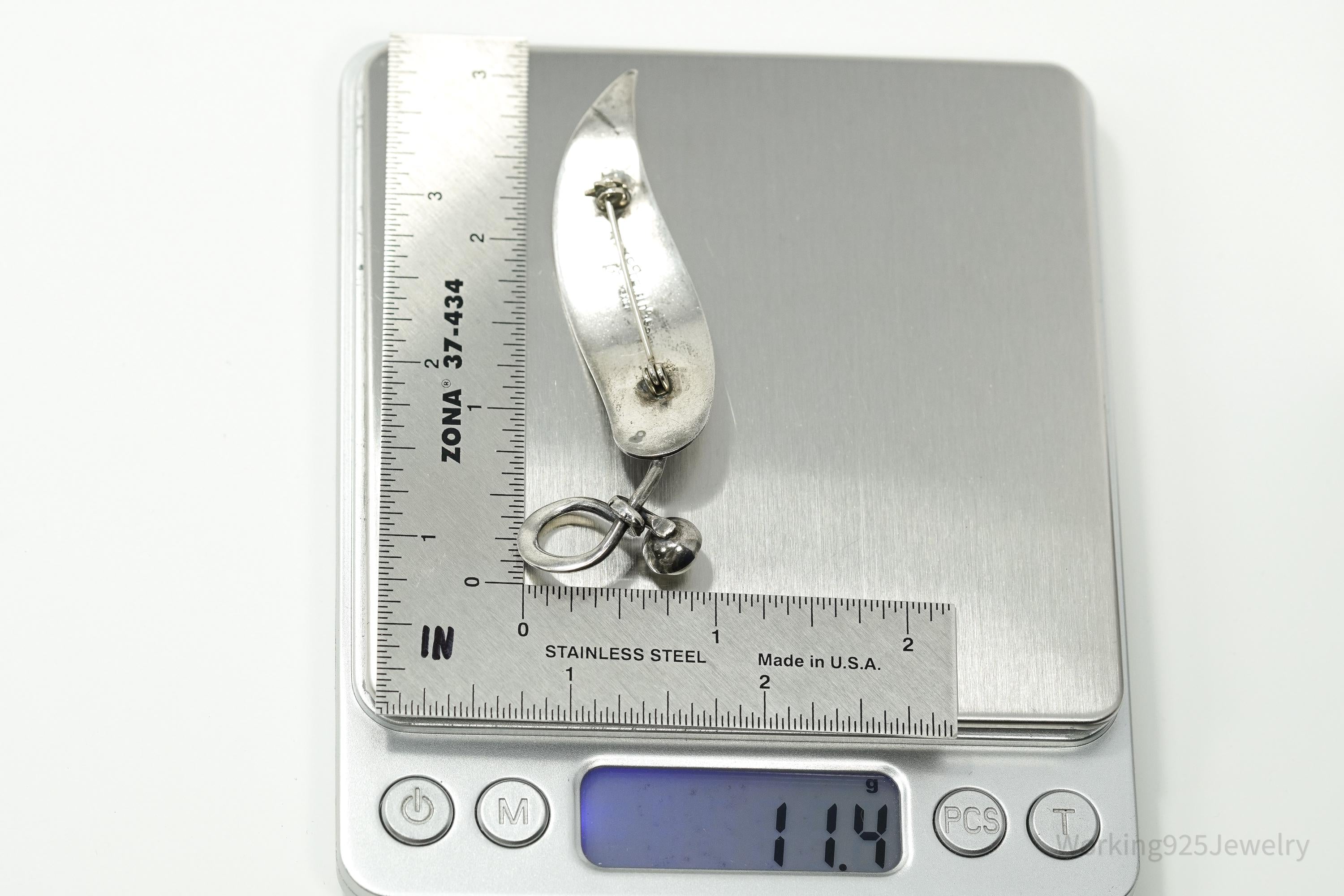 Vintage Taxco Artist Orvelo Pearl Modernist Leaf Sterling Silver Brooch Pin