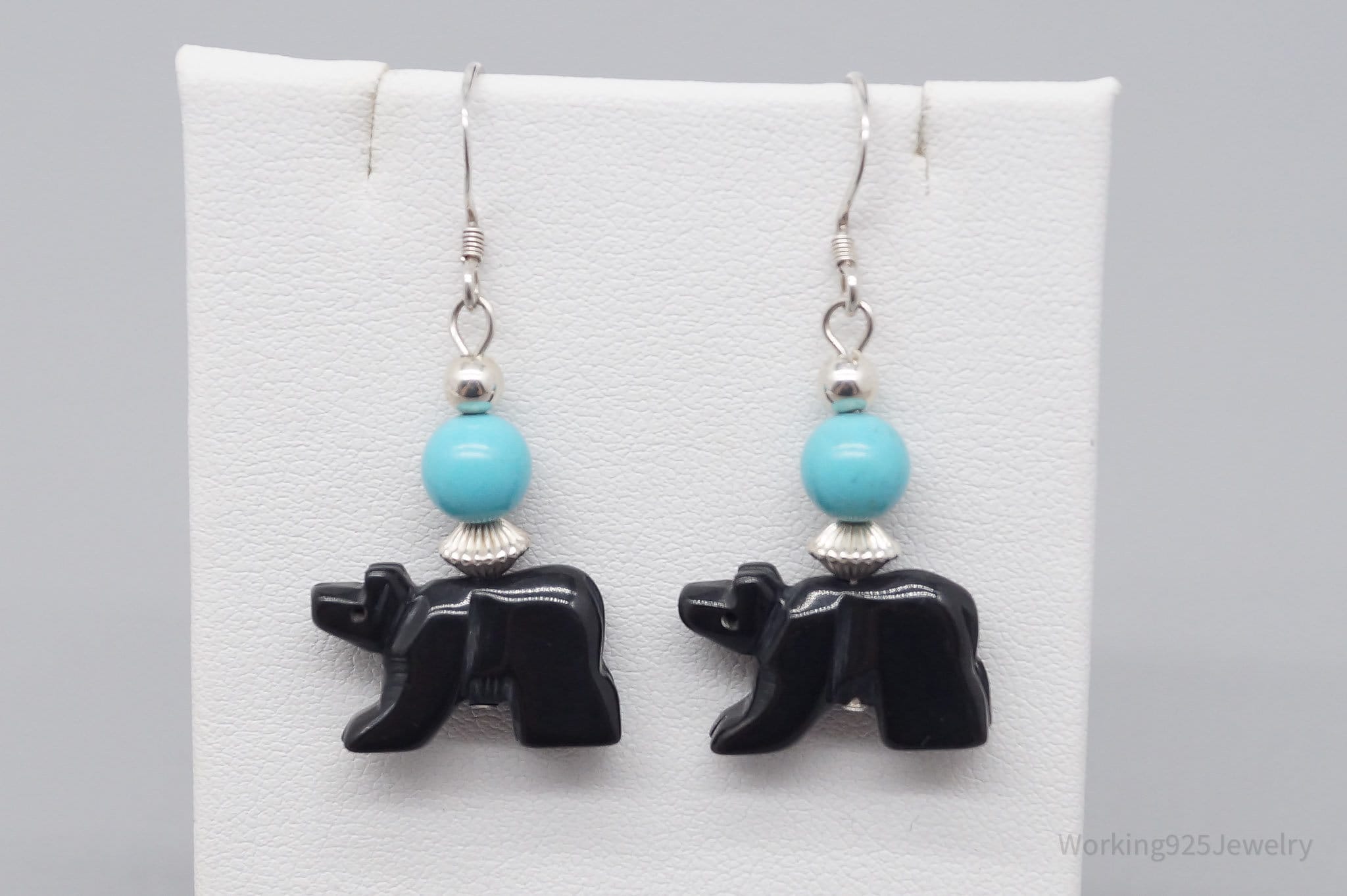 Vintage Turquoise & Carved Black Onyx Bears Sterling Silver Earrings