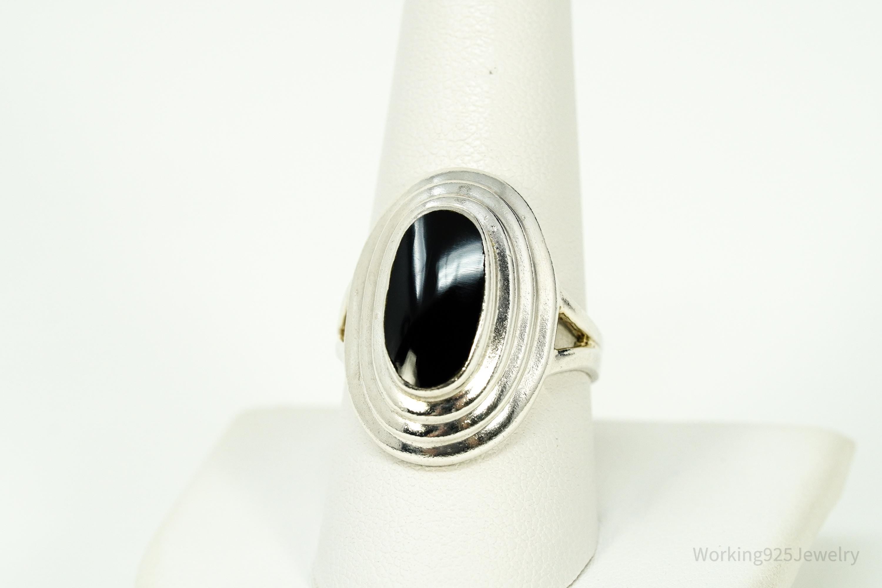 Vintage Black Onyx Modernist Style Sterling Silver Ring - Size 9.25