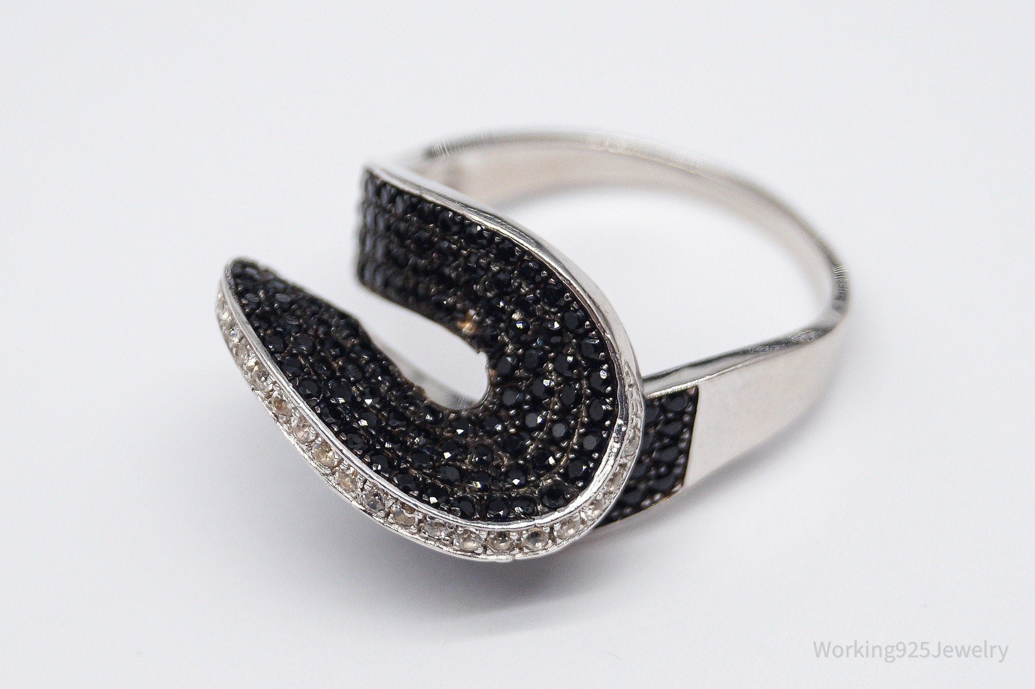 Vintage Black Tourmaline & White Topaz Sterling Silver Ring - Size 12