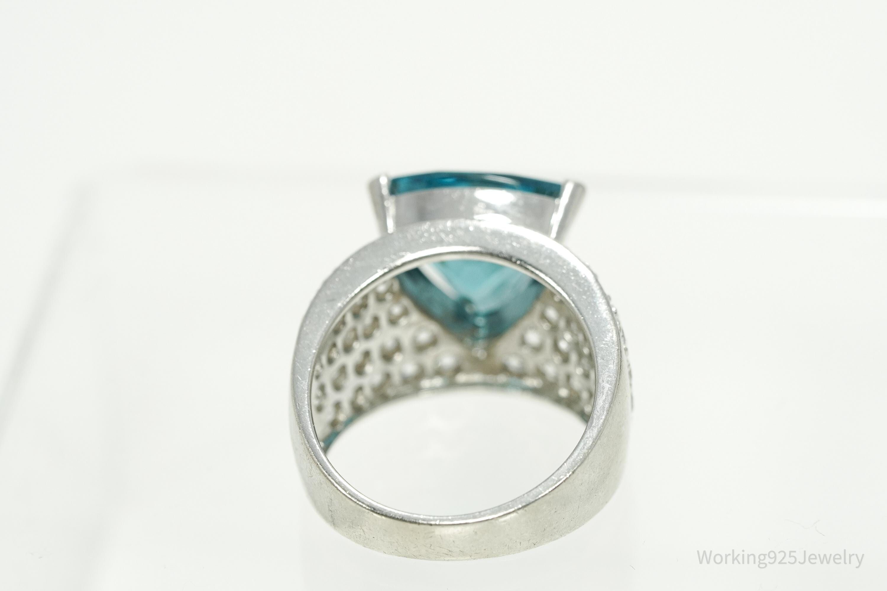 Vintage Ross Simons Large Teal Stone & Cubic Zirconia Sterling Silver Ring - Size 10