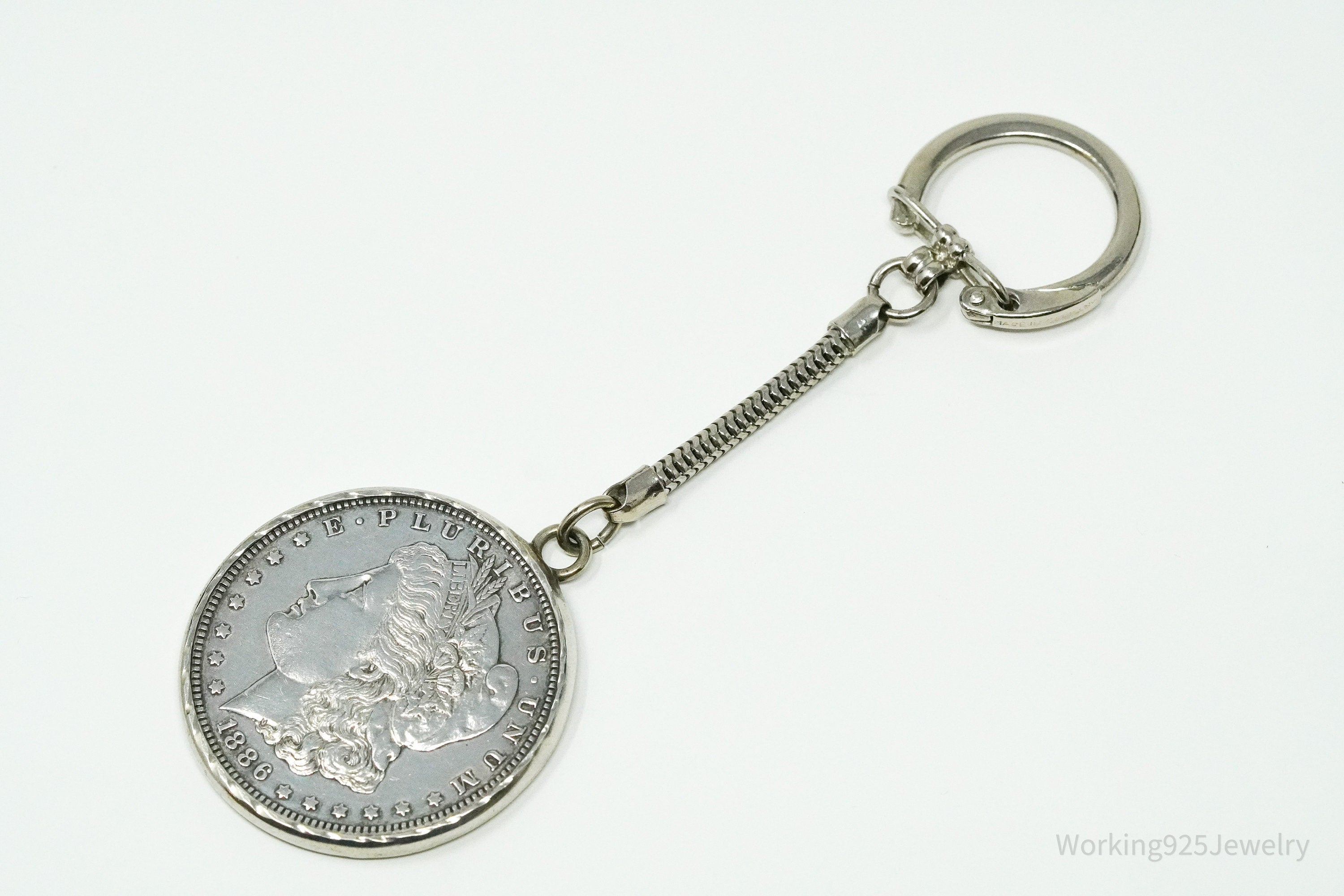 Antique 1886 Morgan Silver Dollar Coin Sterling Silver Keychain