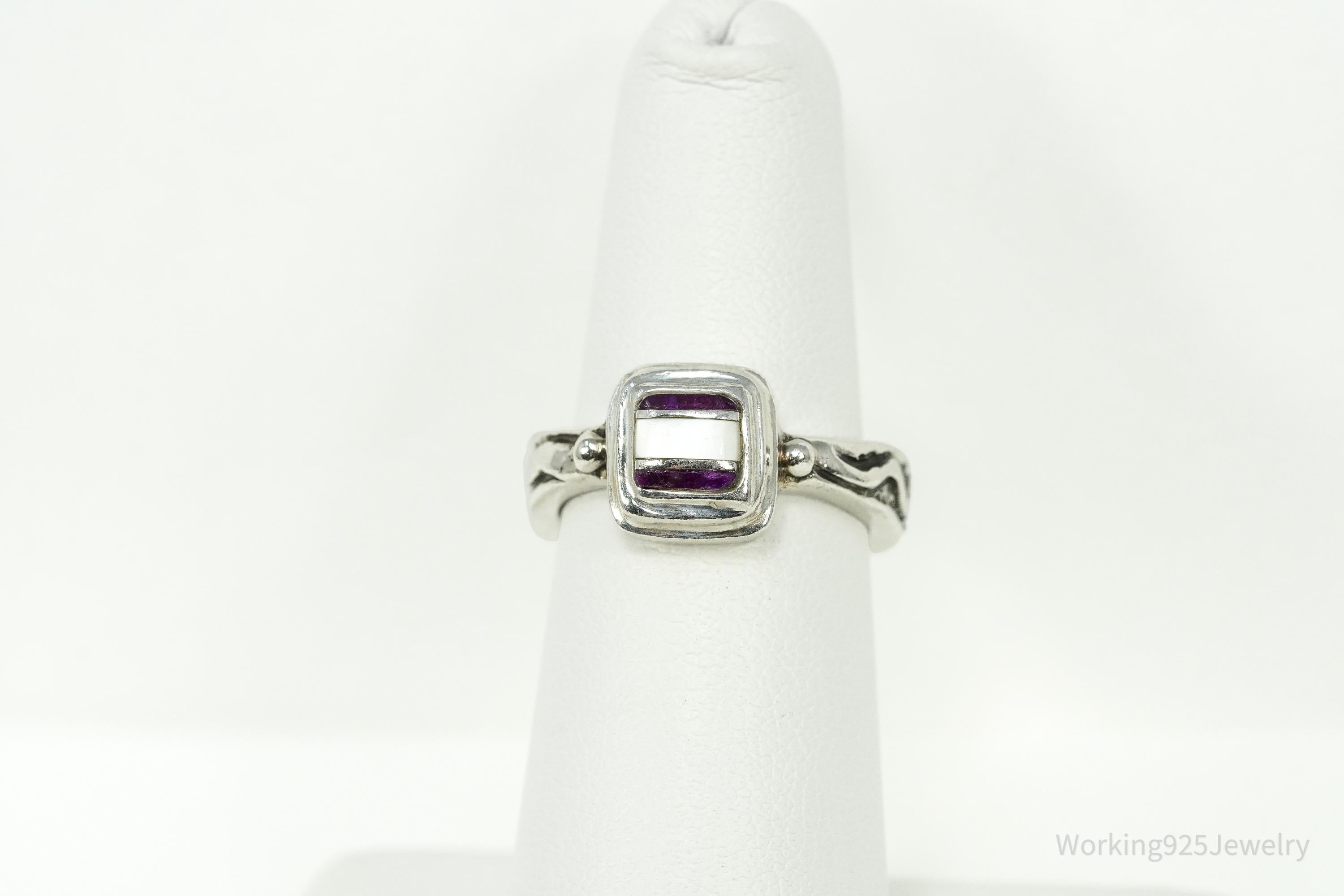 Vintage DeSantis Jewelry Co Mother Of Pearl & Charoite Inlay Sterling Silver Ring - Size 5.75