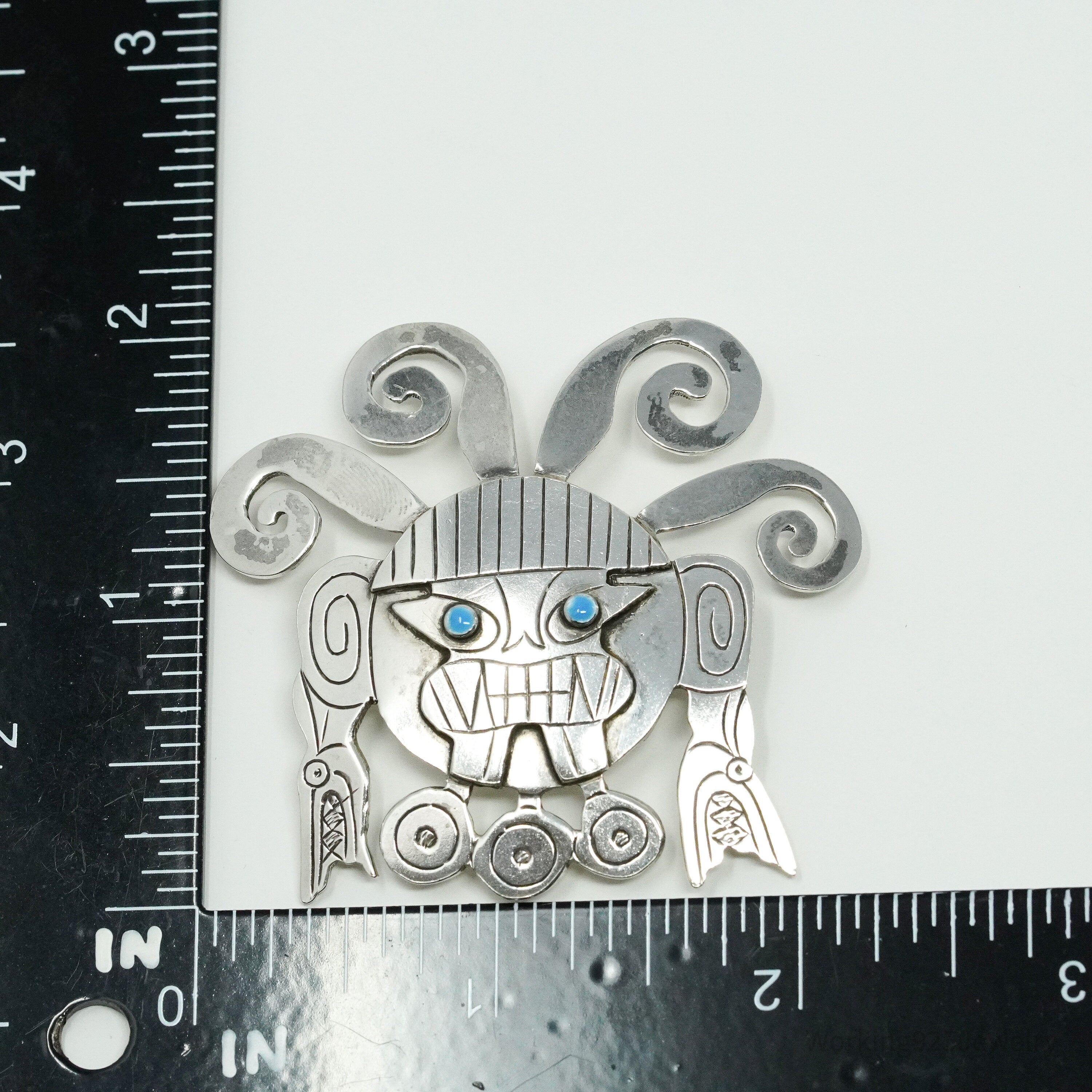 Large Vintage Aztec Mayan Sterling Silver Brooch Pin