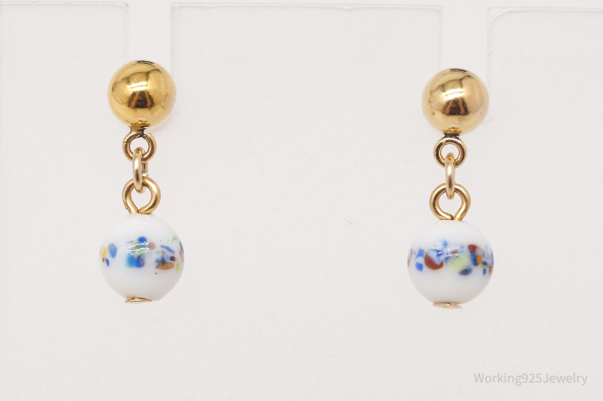 Vintage Porcelain Dangle Gold Plated Earrings