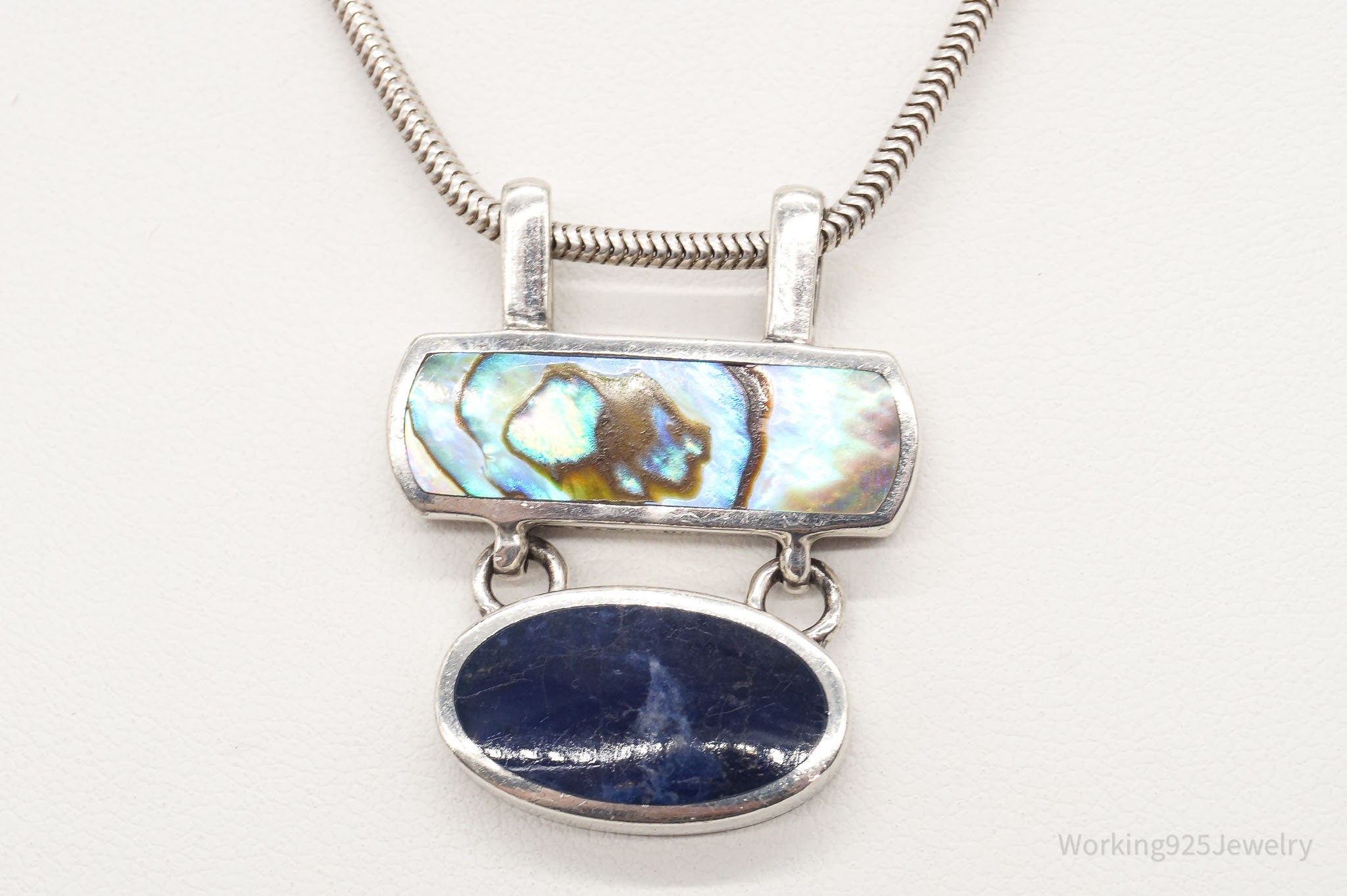 Vintage Paua Abalone Shell Sodalite Sterling Silver Necklace