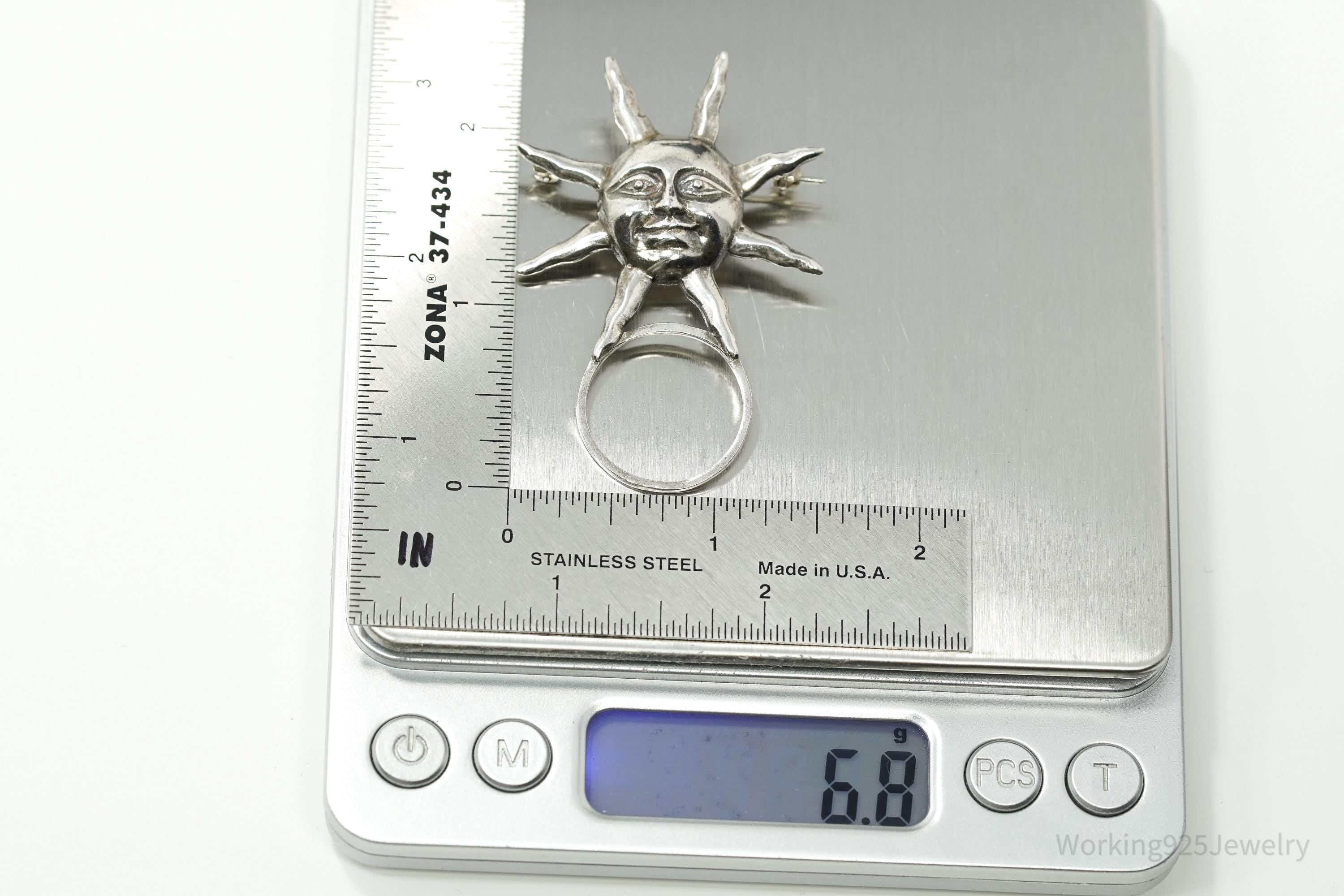 Vintage Large Sun Face Sterling Silver Pin Pendant 2.25"