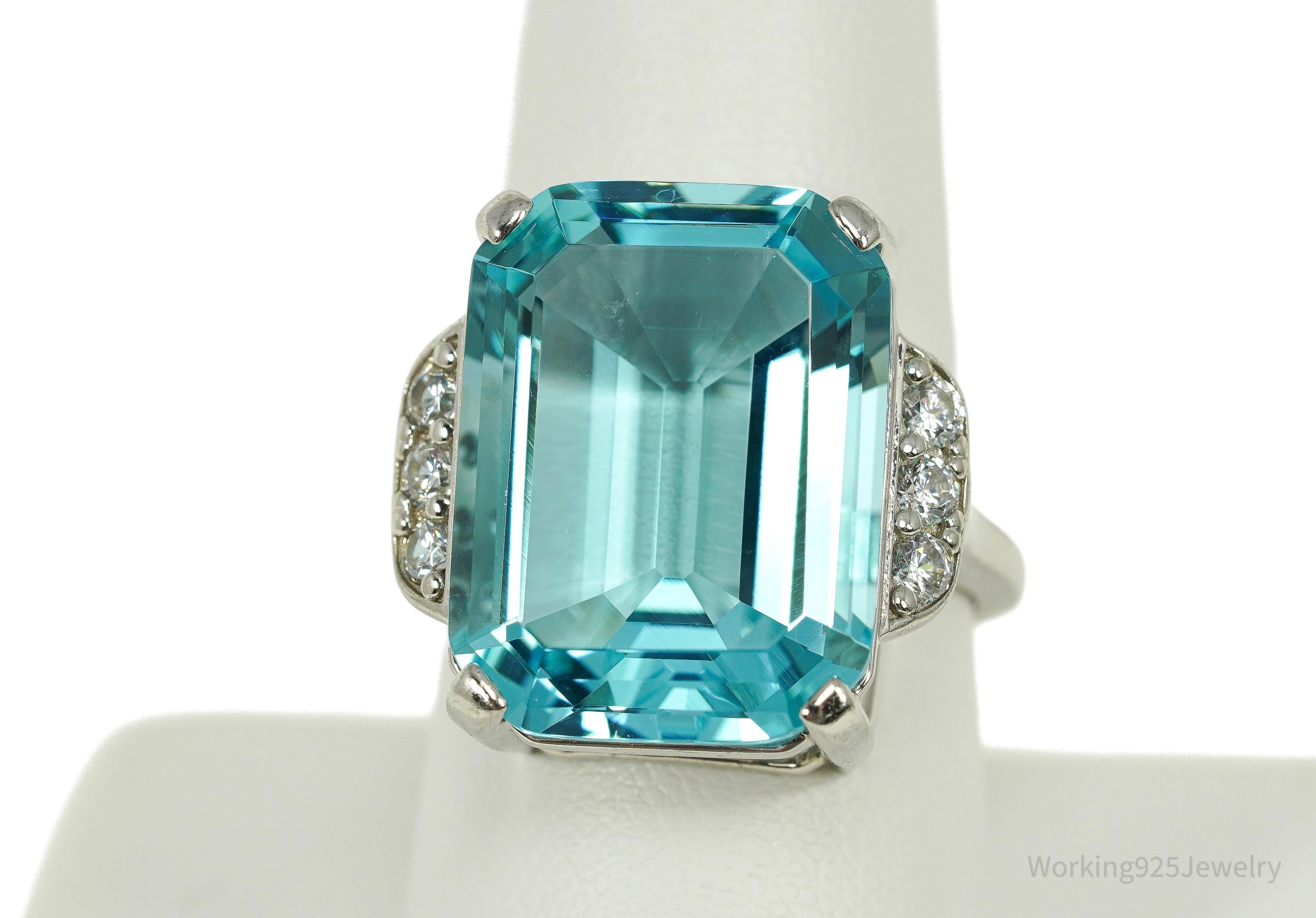 Vintage Large Blue Topaz & Cubic Zirconia Sterling Silver Ring - Size 9