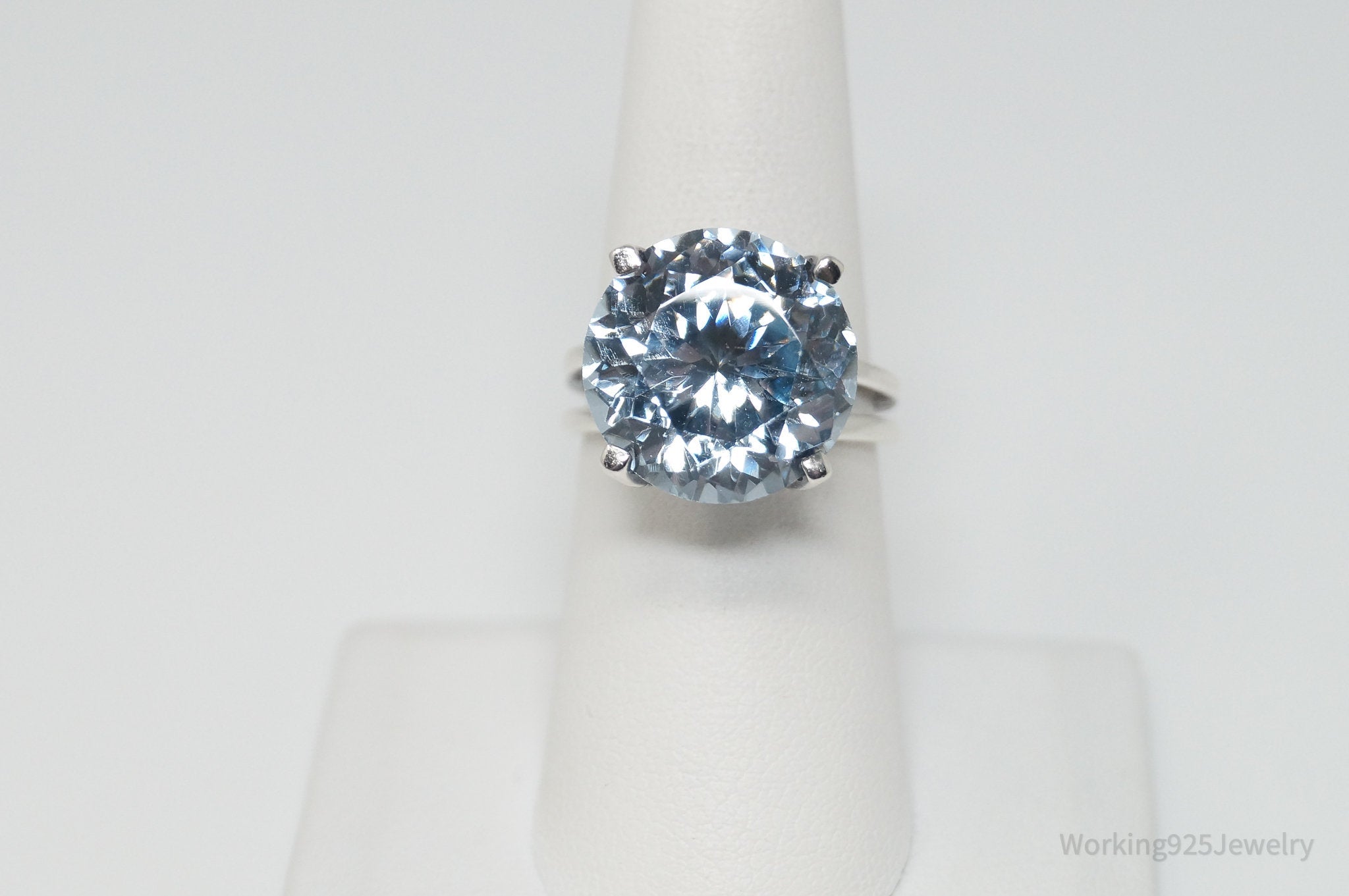 Vintage Large Steel Blue Cubic Zirconia Sterling Silver Cocktail Ring - Sz 7