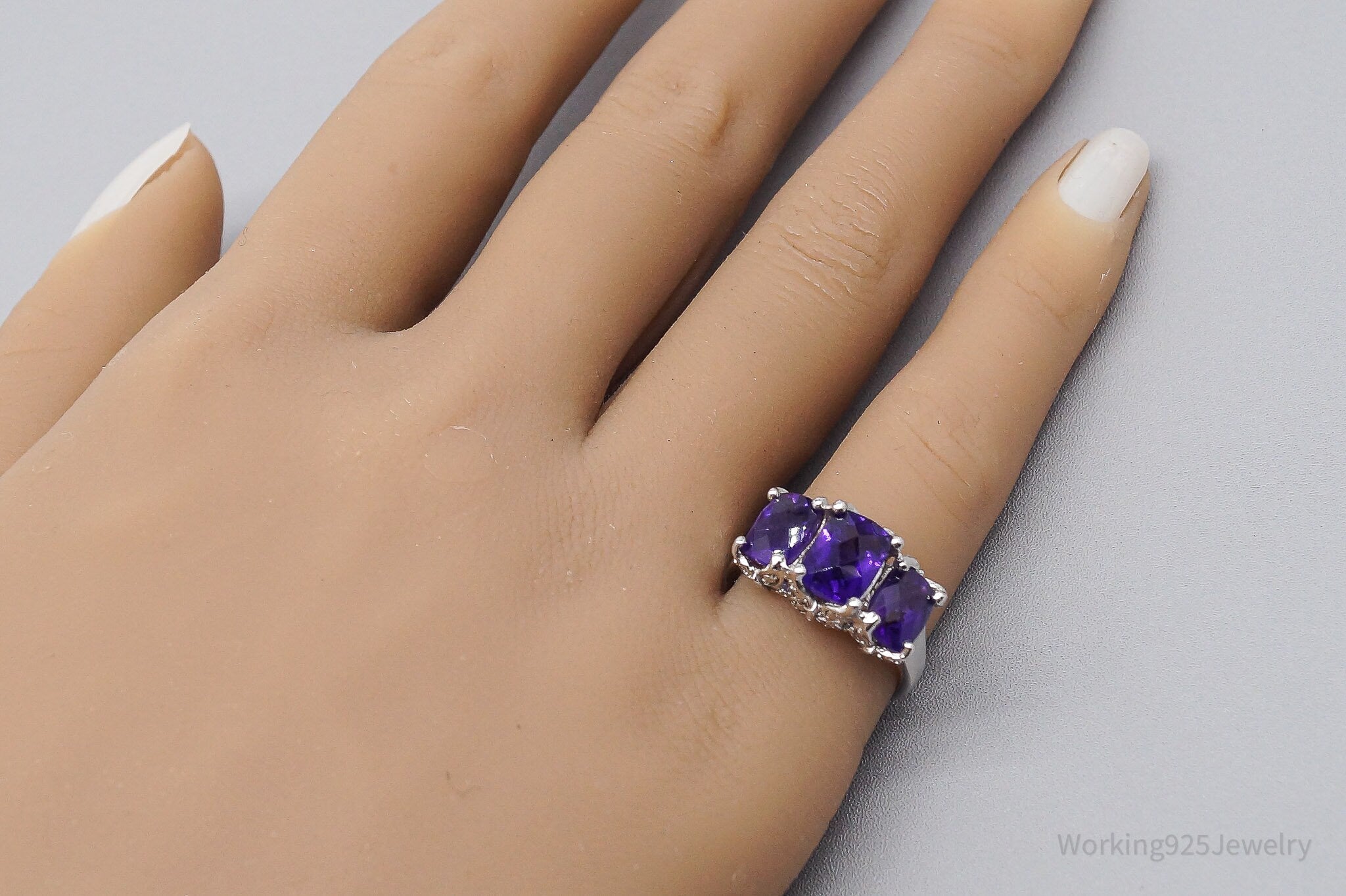 Vintage Designer HT Large Amethyst & Butterflies Sterling Silver Ring - Size 6