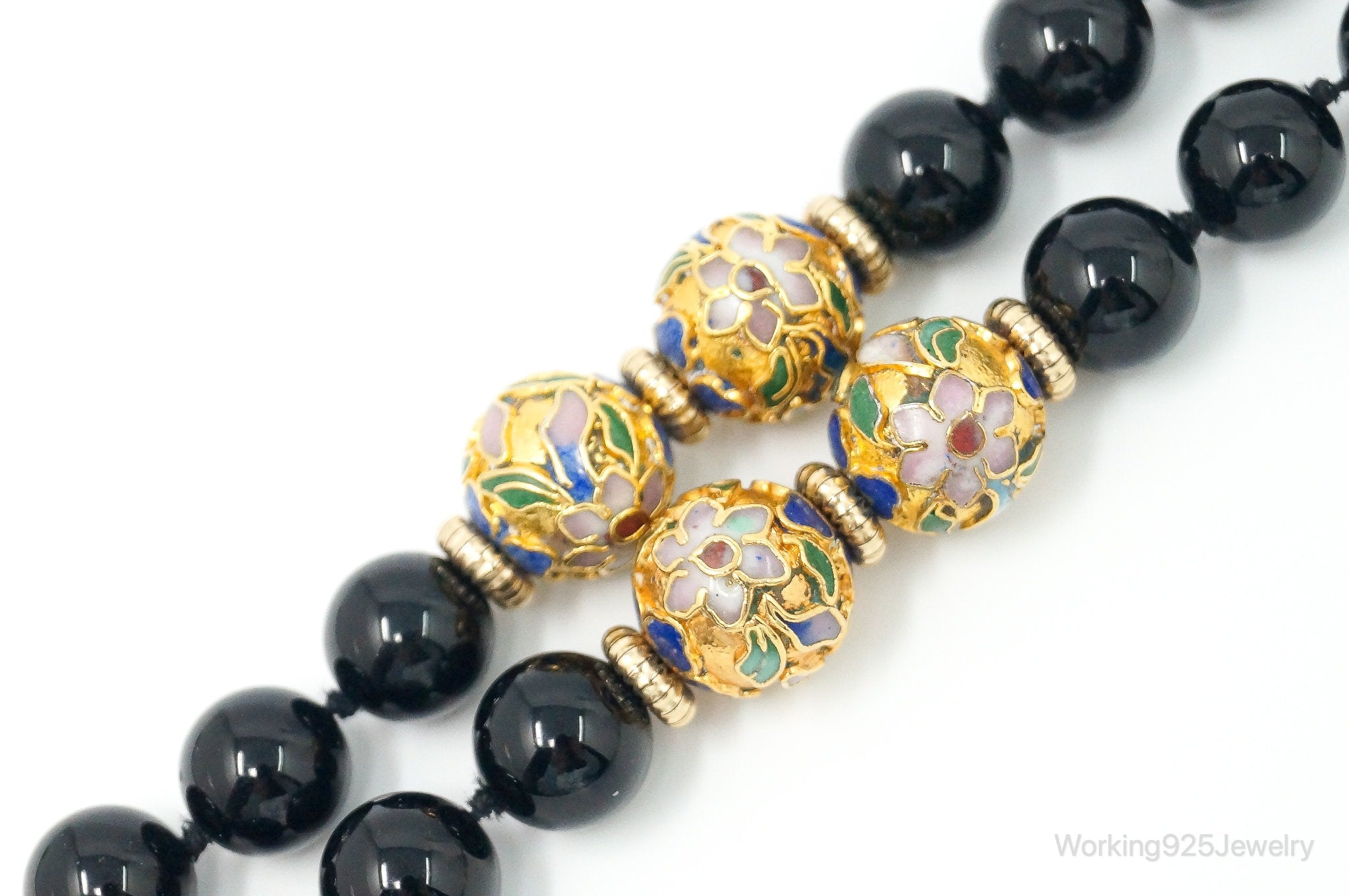 Vintage Long Black Onyx Cloisonne Beads Necklace