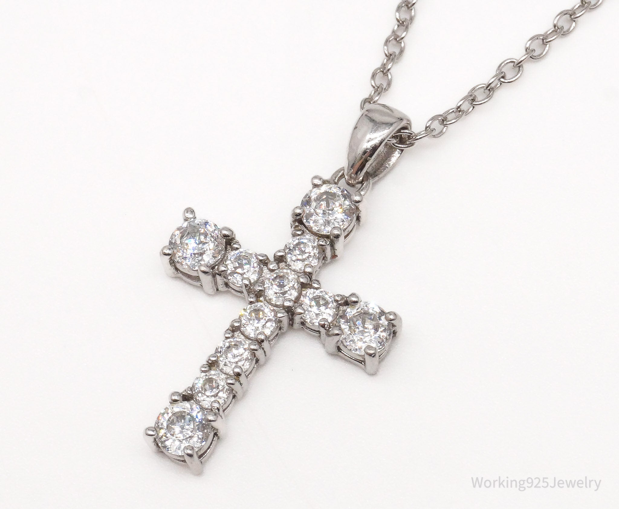 Vintage Cubic Zirconia Cross Platinum Clad Sterling Silver Necklace 18"