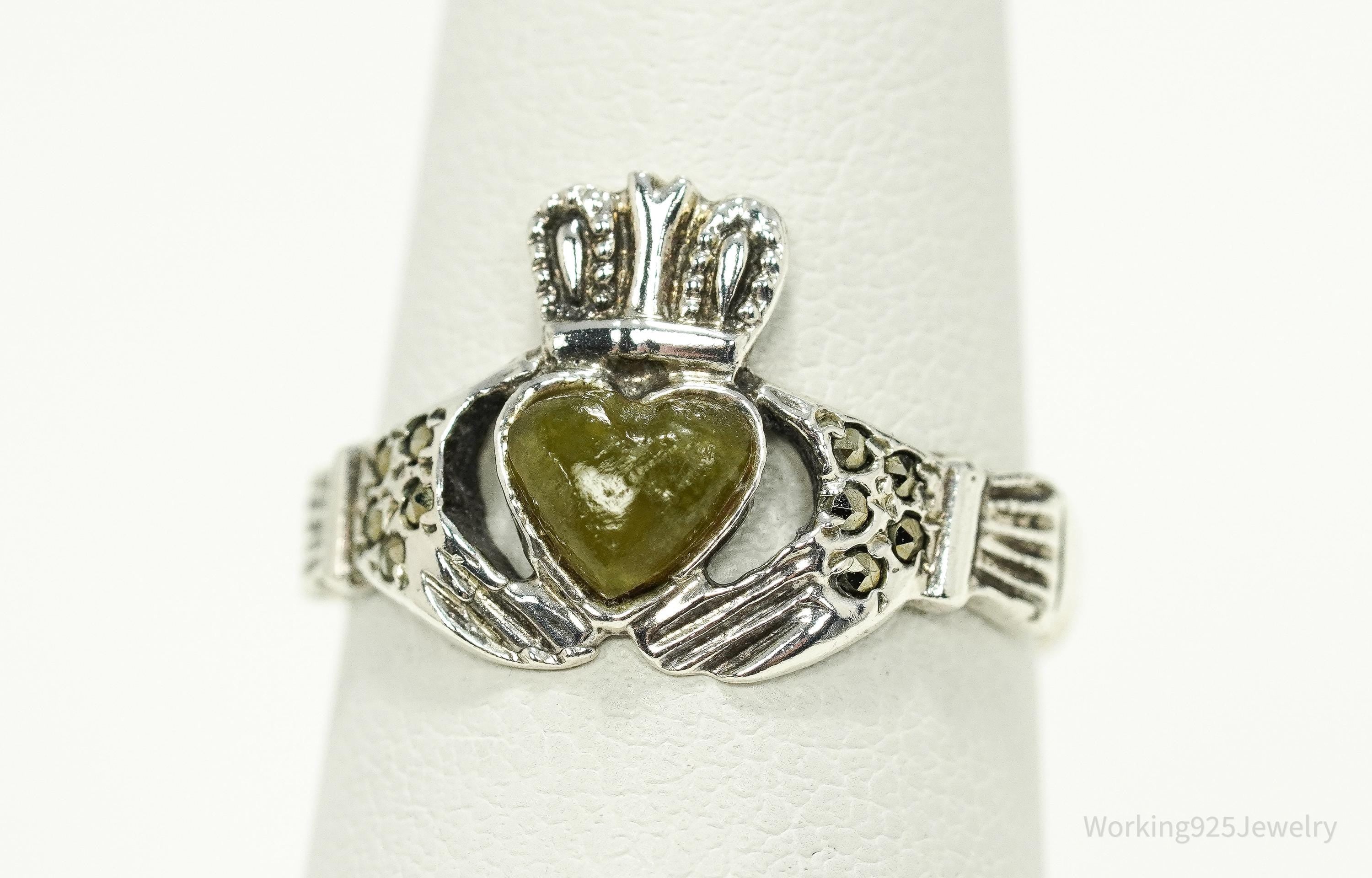 Vintage Dublin Designer ISJ Claddagh Jade & Marcasite Sterling Silver Ring - Size 7