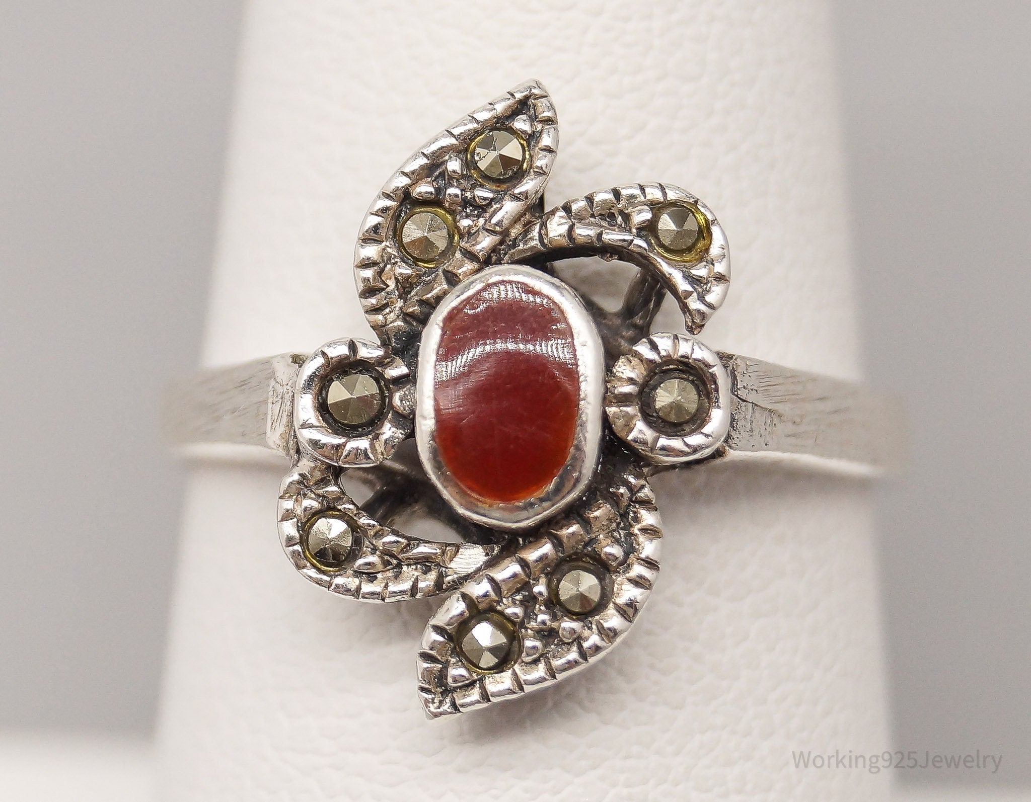 Vintage Carnelian & Marcasite Sterling Silver Ring - Size 7.5