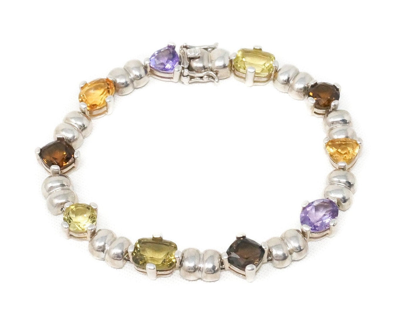 Vintage Multi Gem Amethyst Smoky Topaz Citrine Peridot Sterling Silver Bracelet