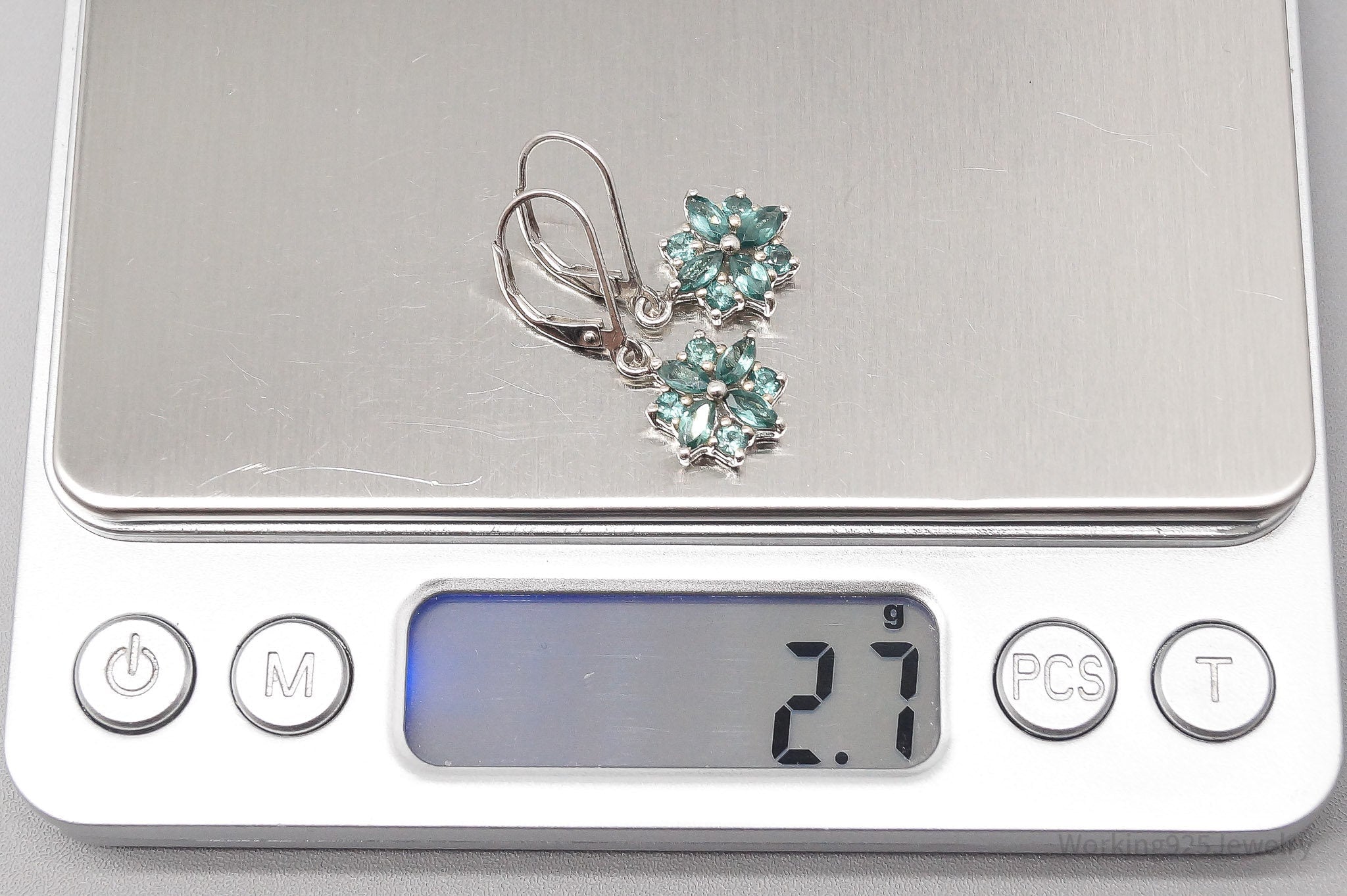 Vintage Teal Gemstone Sterling Silver Flower Earrings