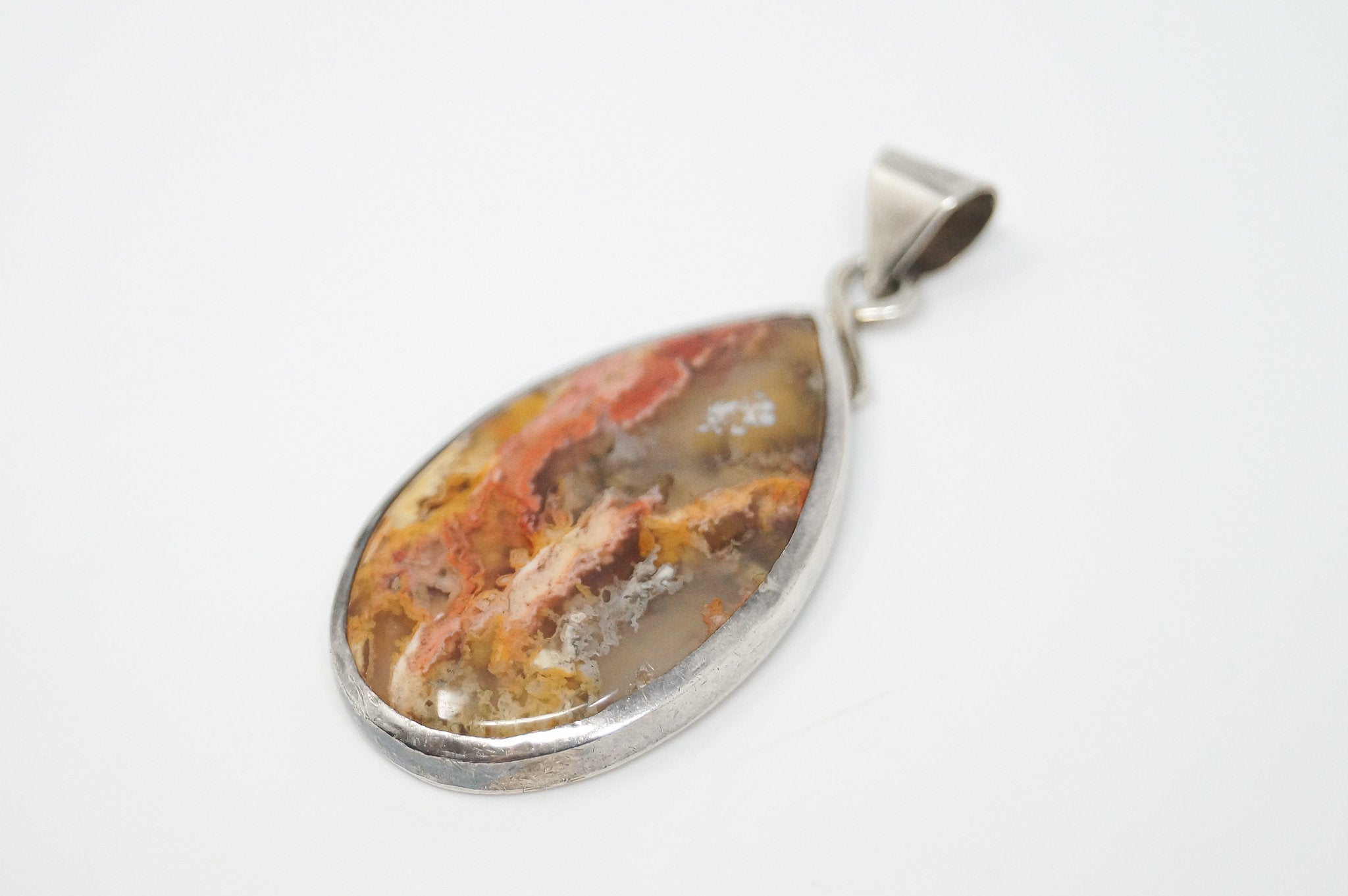 Vintage Plume Agate Sterling Silver Necklace Pendant