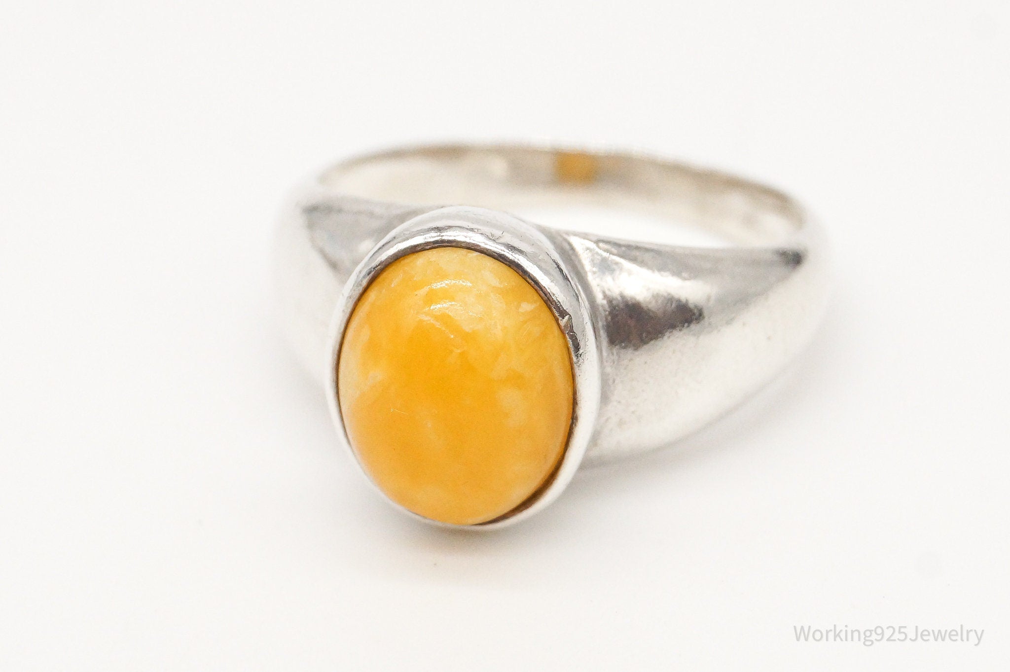 Vintage Yellow Amber Sterling Silver Ring - Size 6.5