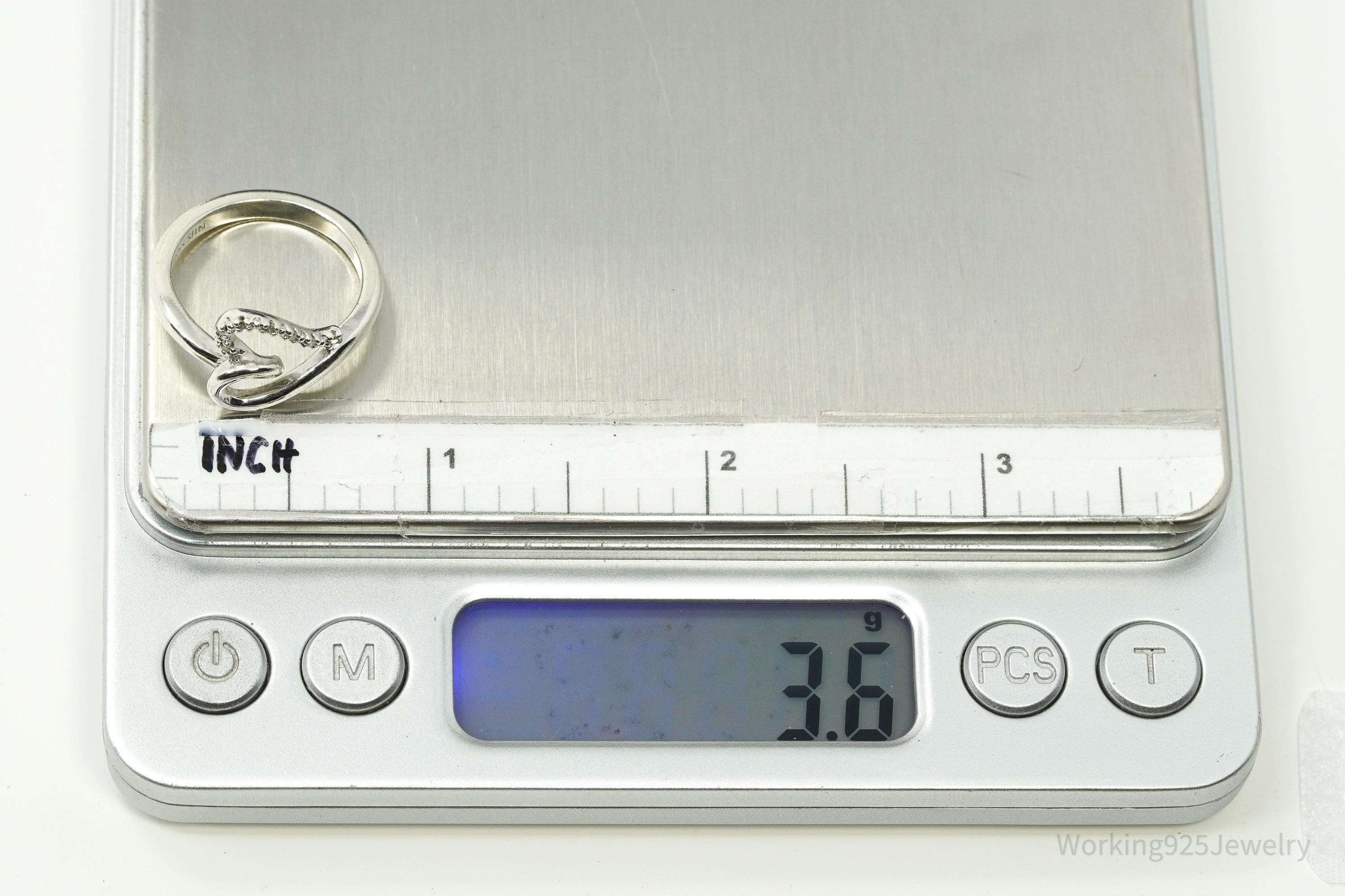 Vintage SUN White Diamond Heart Sterling Silver Ring - Size 6.75