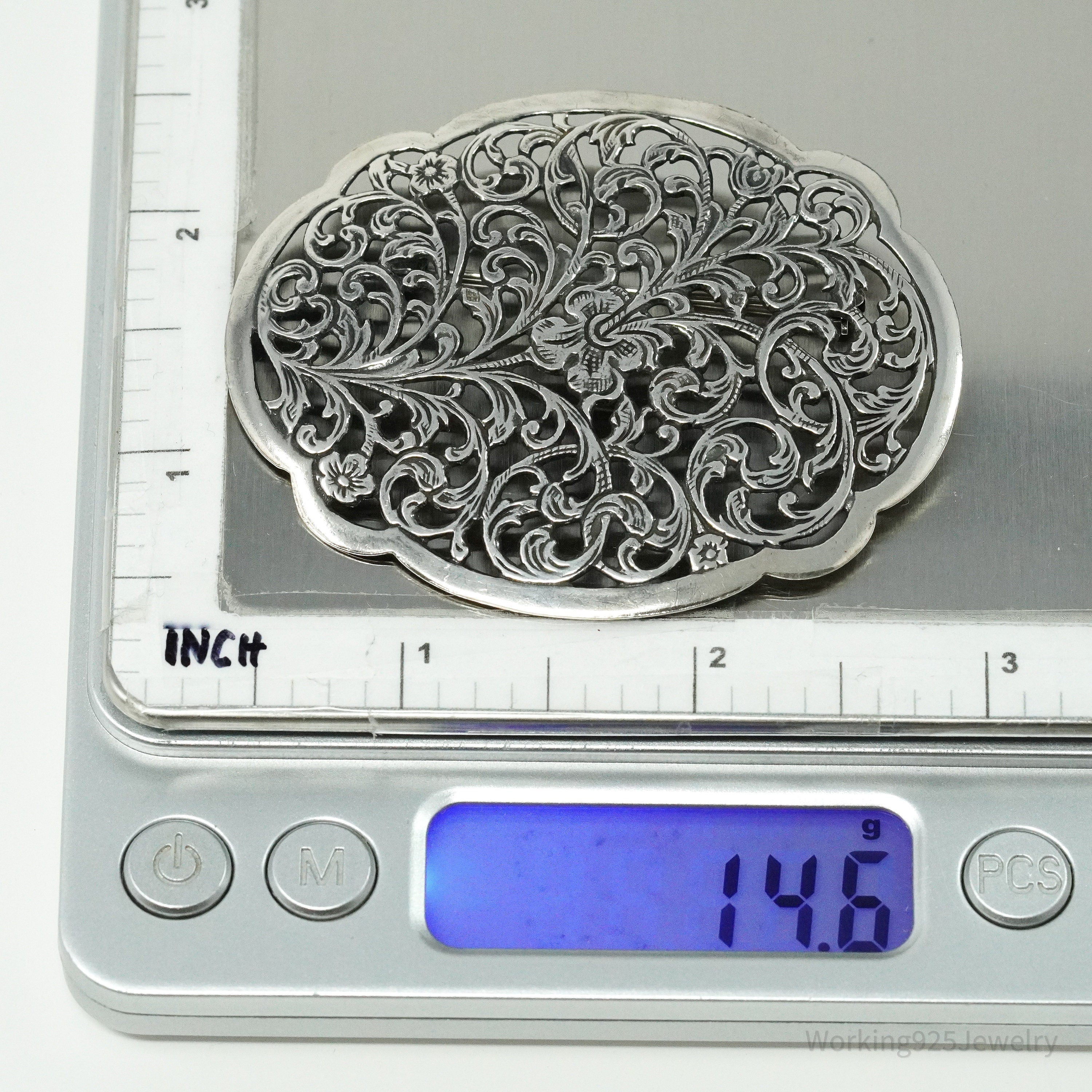 Large Vintage Floral Sterling Silver Brooch Pin 2"