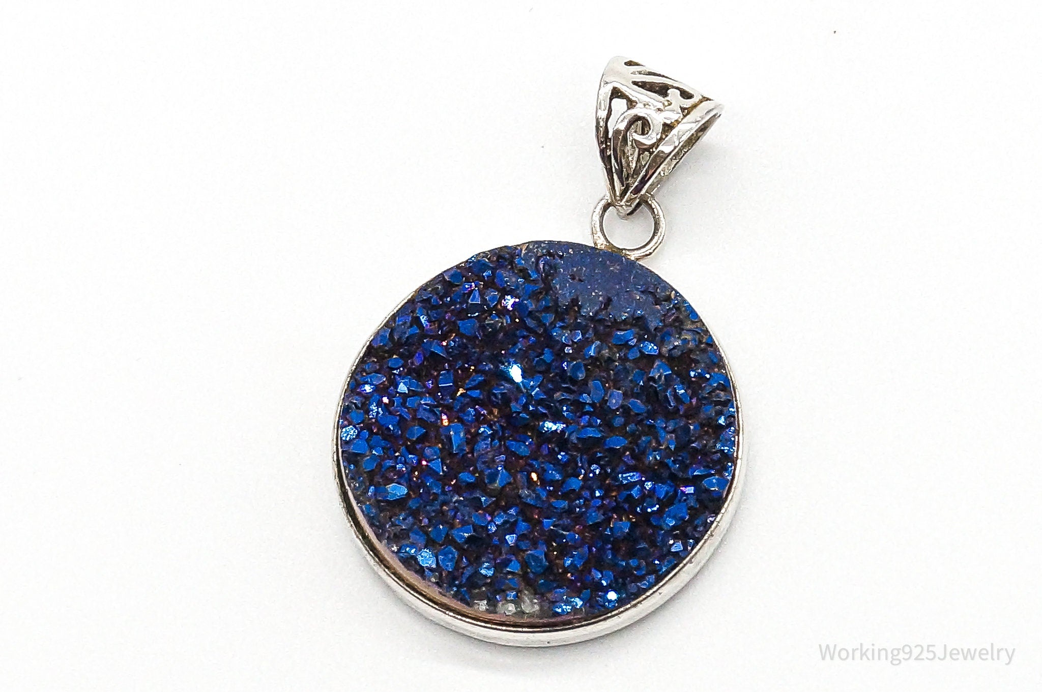 Vintage Large Blue Druzy Quartz Sterling Silver Pendant