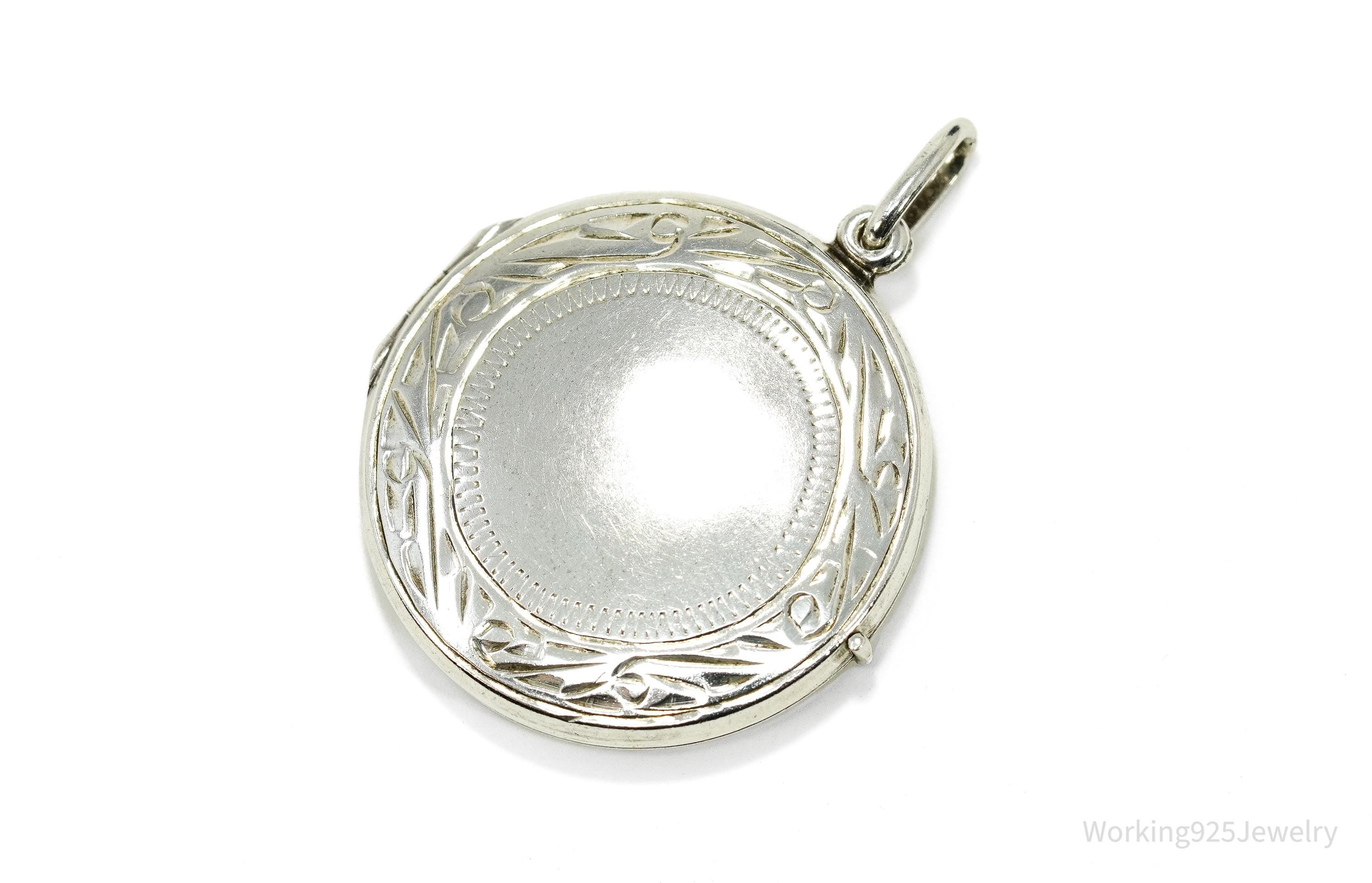 Vintage Round Etched Sterling Silver Locket Pendant