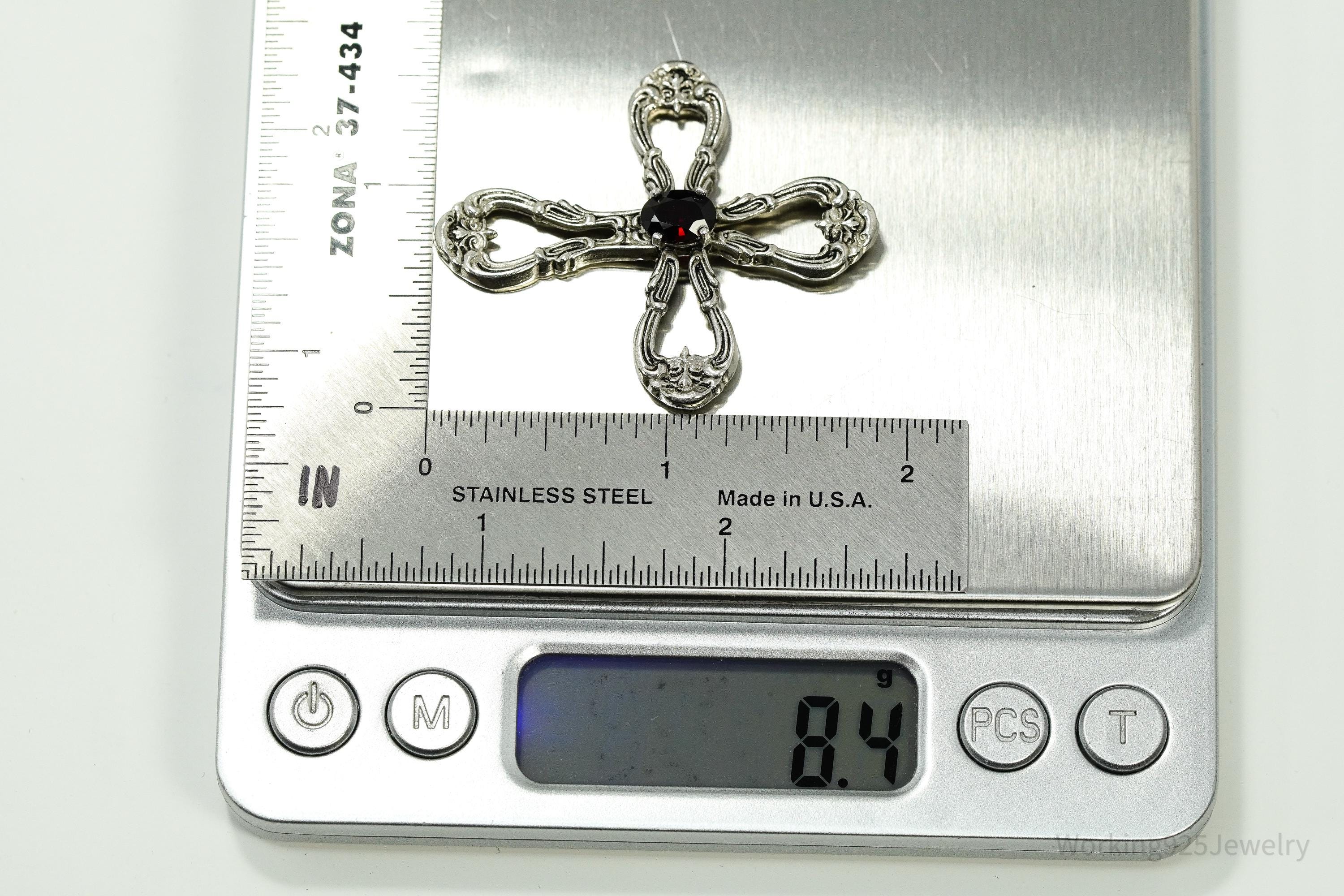 Vintage Designer Gorham Garnet Ornate Sterling Silver Cross Necklace Pendant