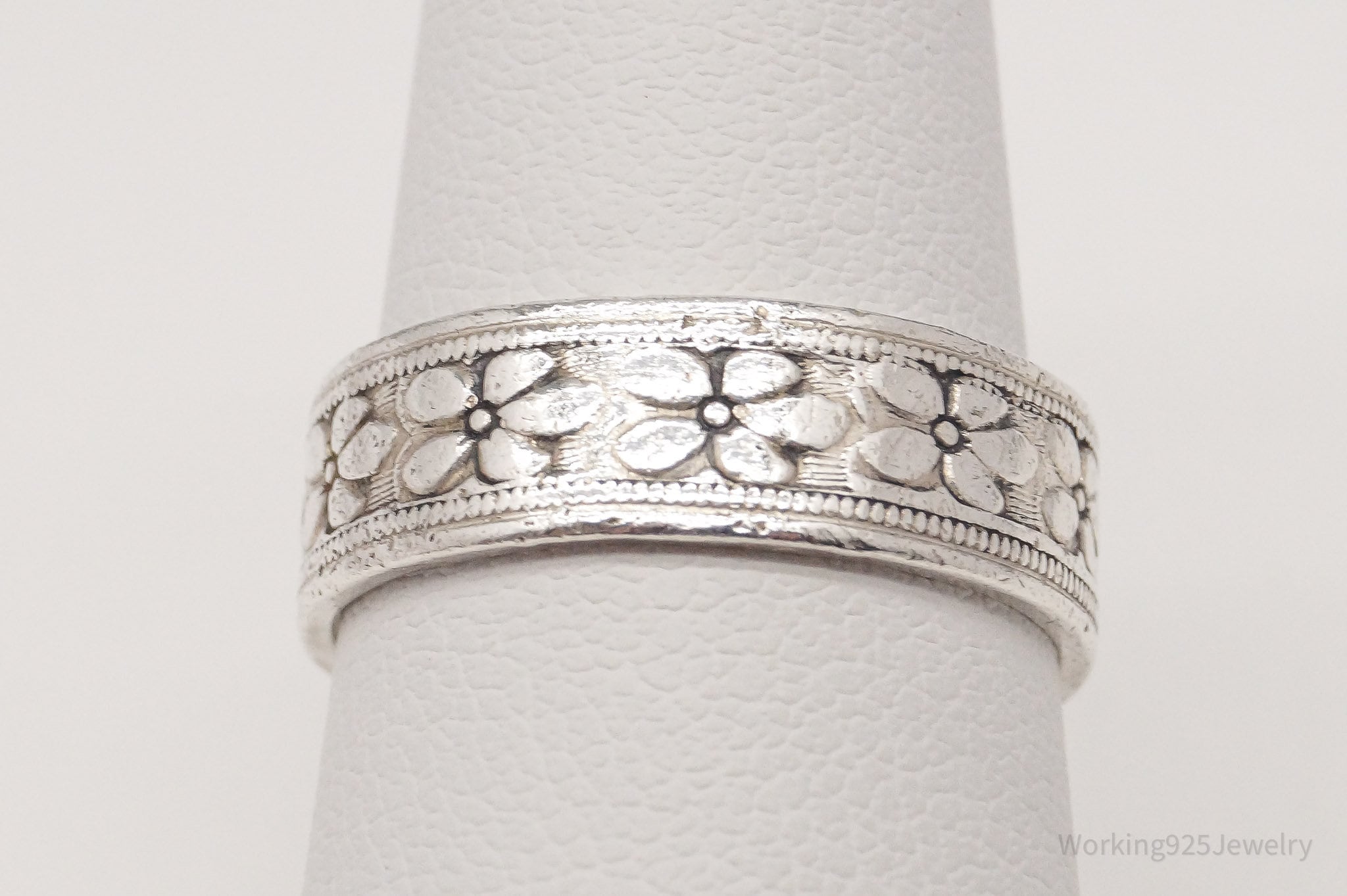 Antique Art Nouveau Floral Pattern Sterling Silver Band Ring - Size 7.25